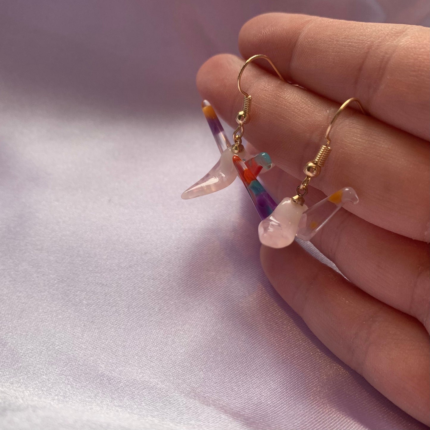 Multicolored pink origami crane bird dangle gold earrings