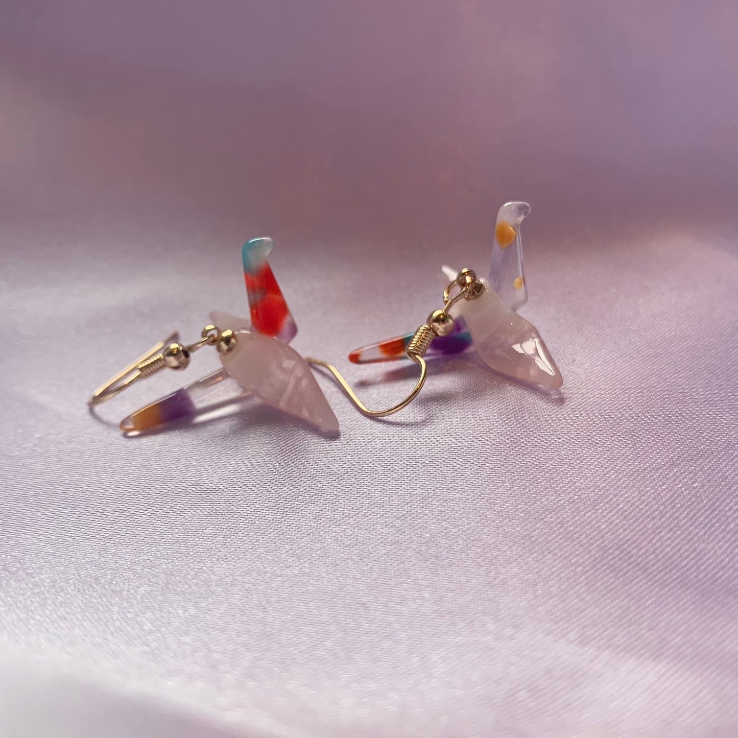 Multicolored pink origami crane bird dangle gold earrings