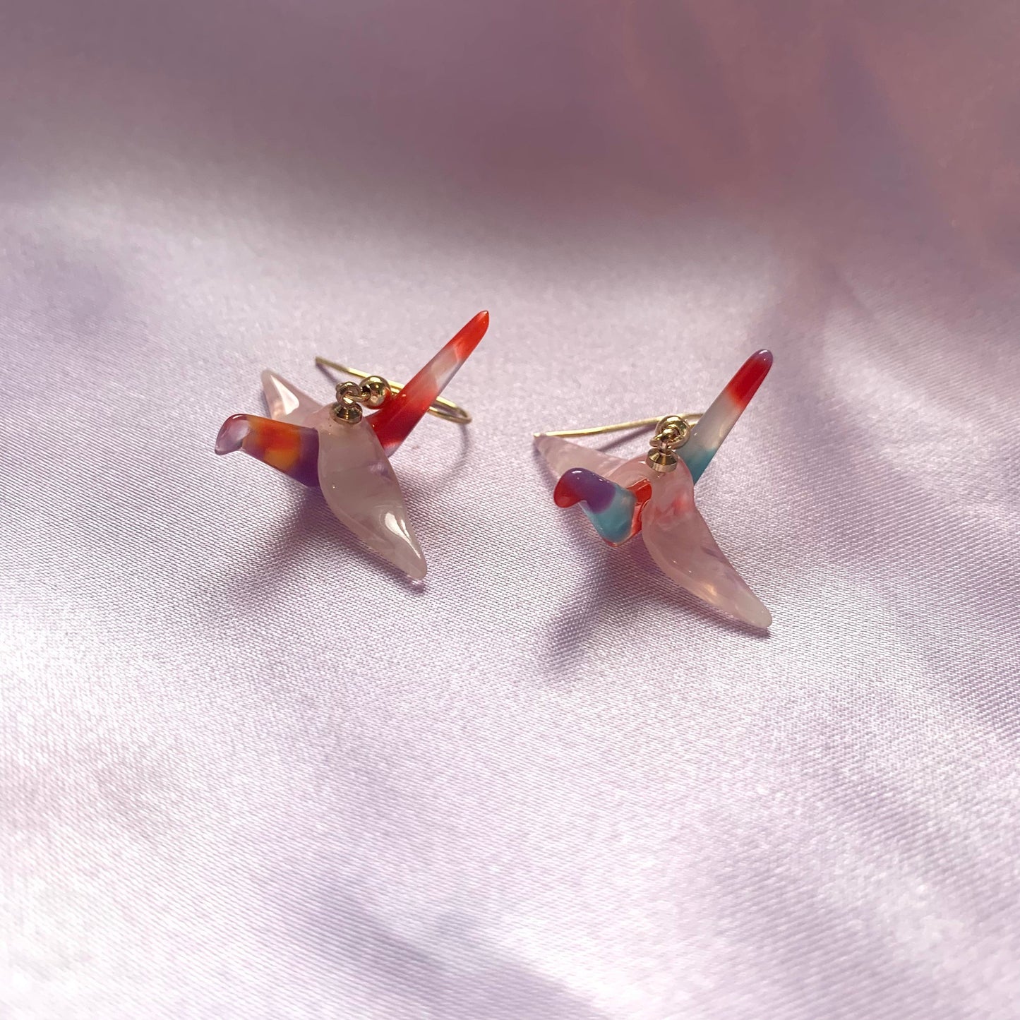 Multicolored pink origami crane bird dangle gold earrings