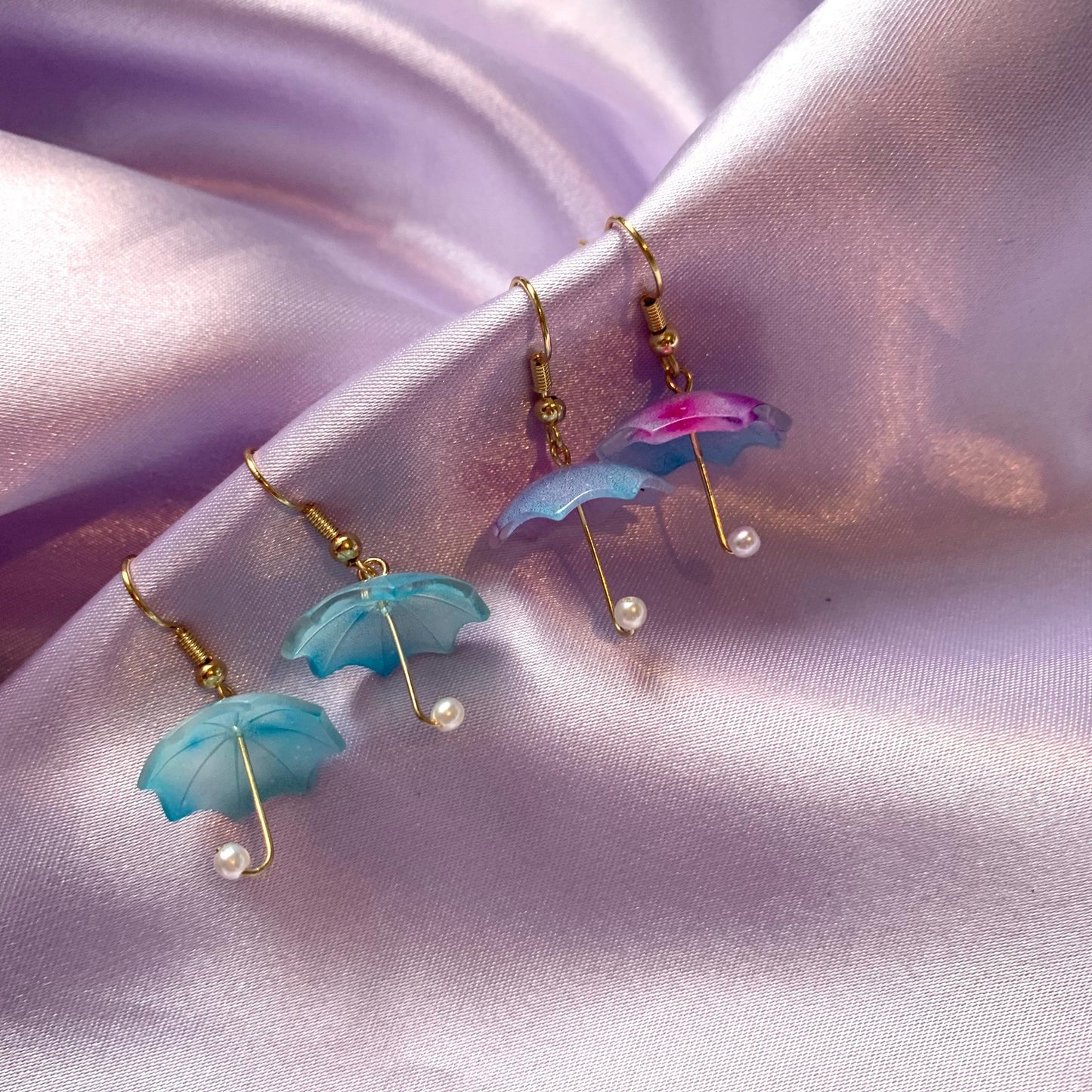 Blue purple umbrella gold dangle earrings