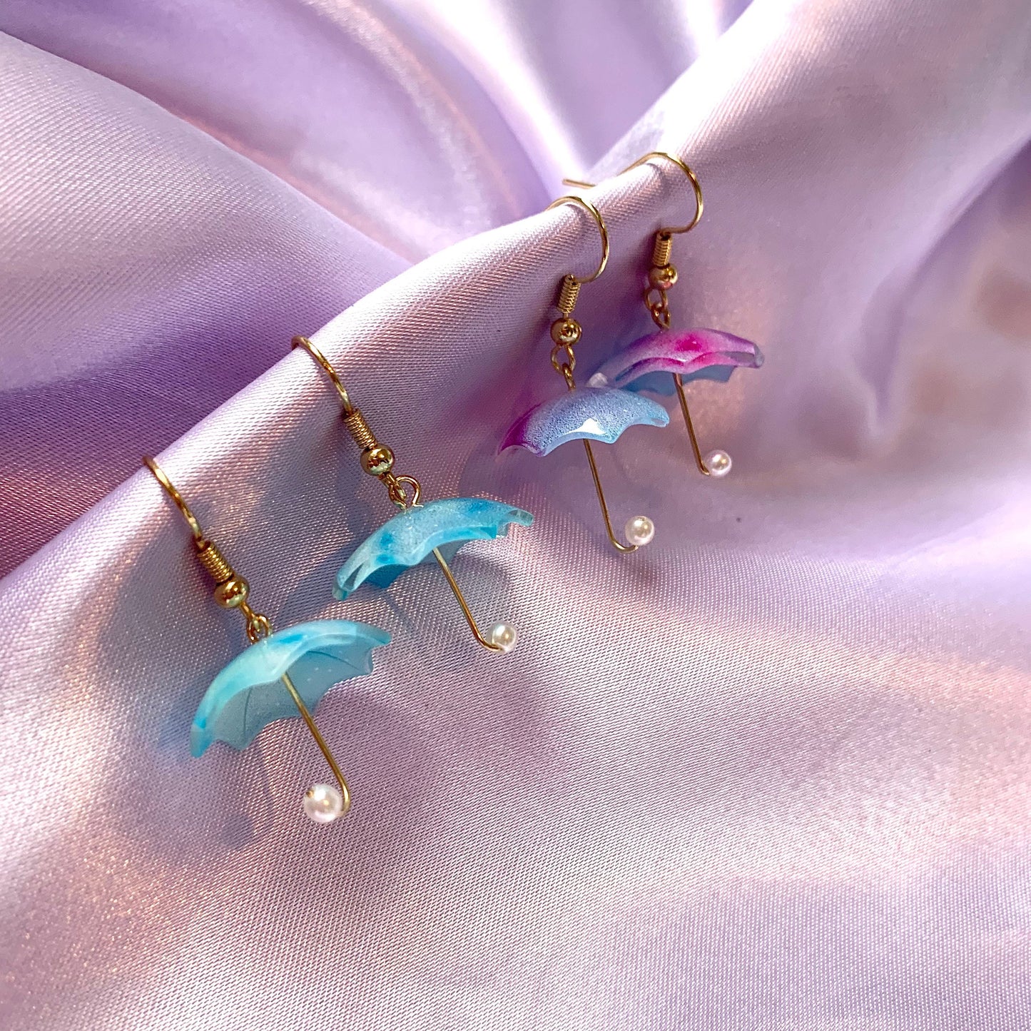 Blue purple umbrella gold dangle earrings