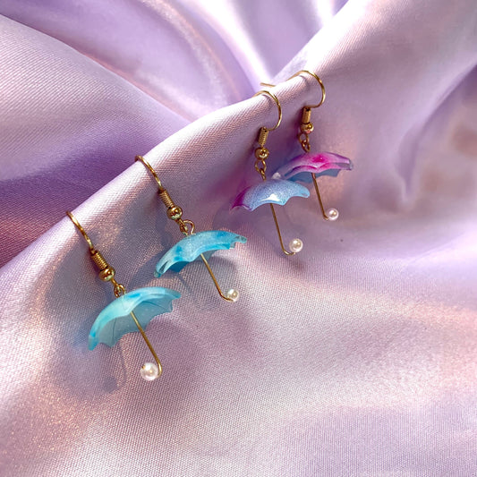 Blue purple umbrella gold dangle earrings