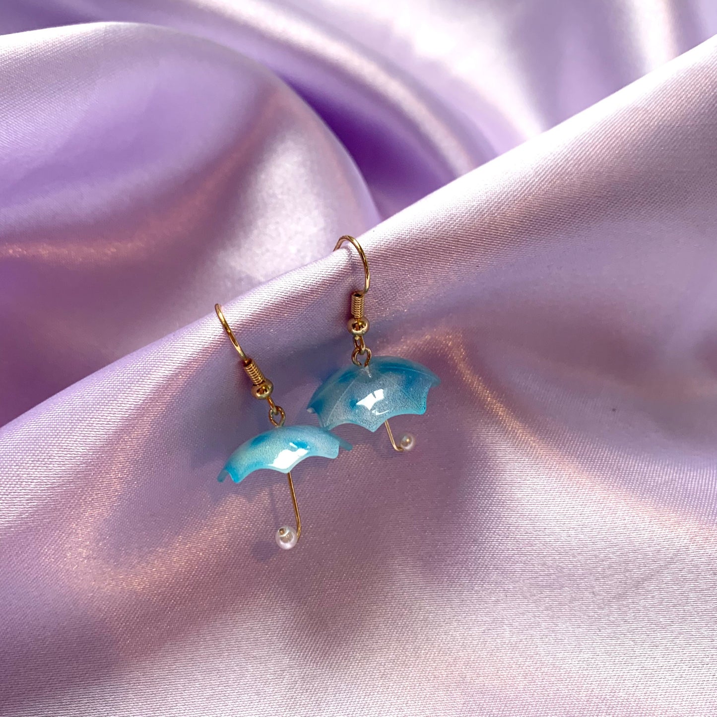 Blue purple umbrella gold dangle earrings