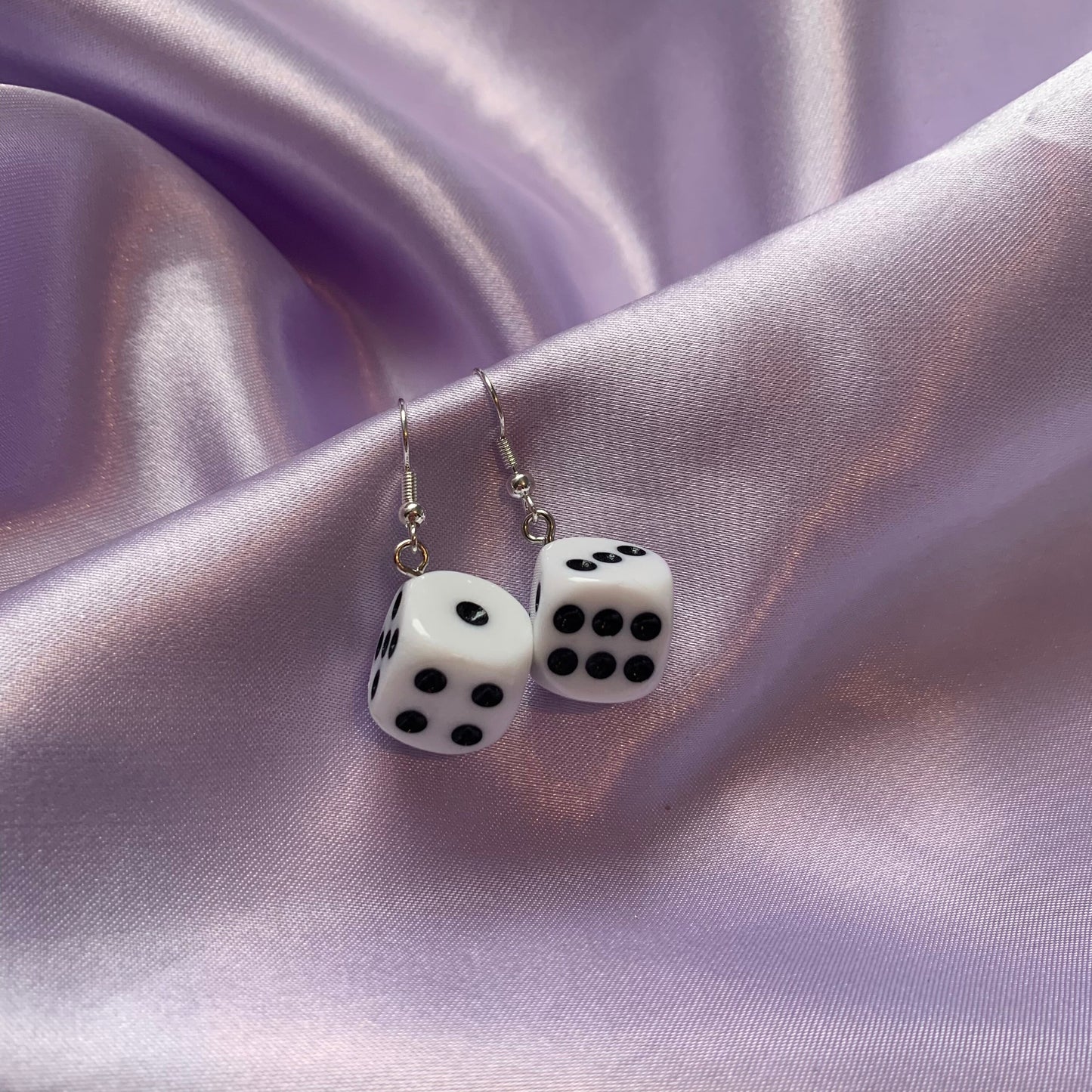 White and black game dice silver earrings