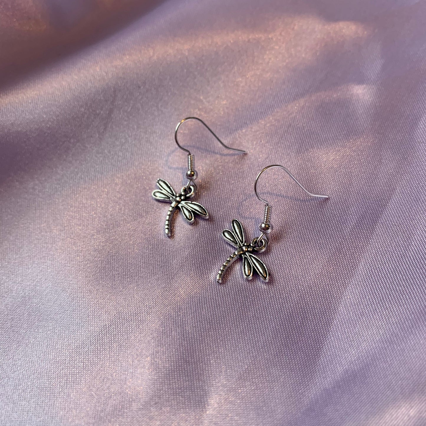 Silver dragonfly insect dangle earrings