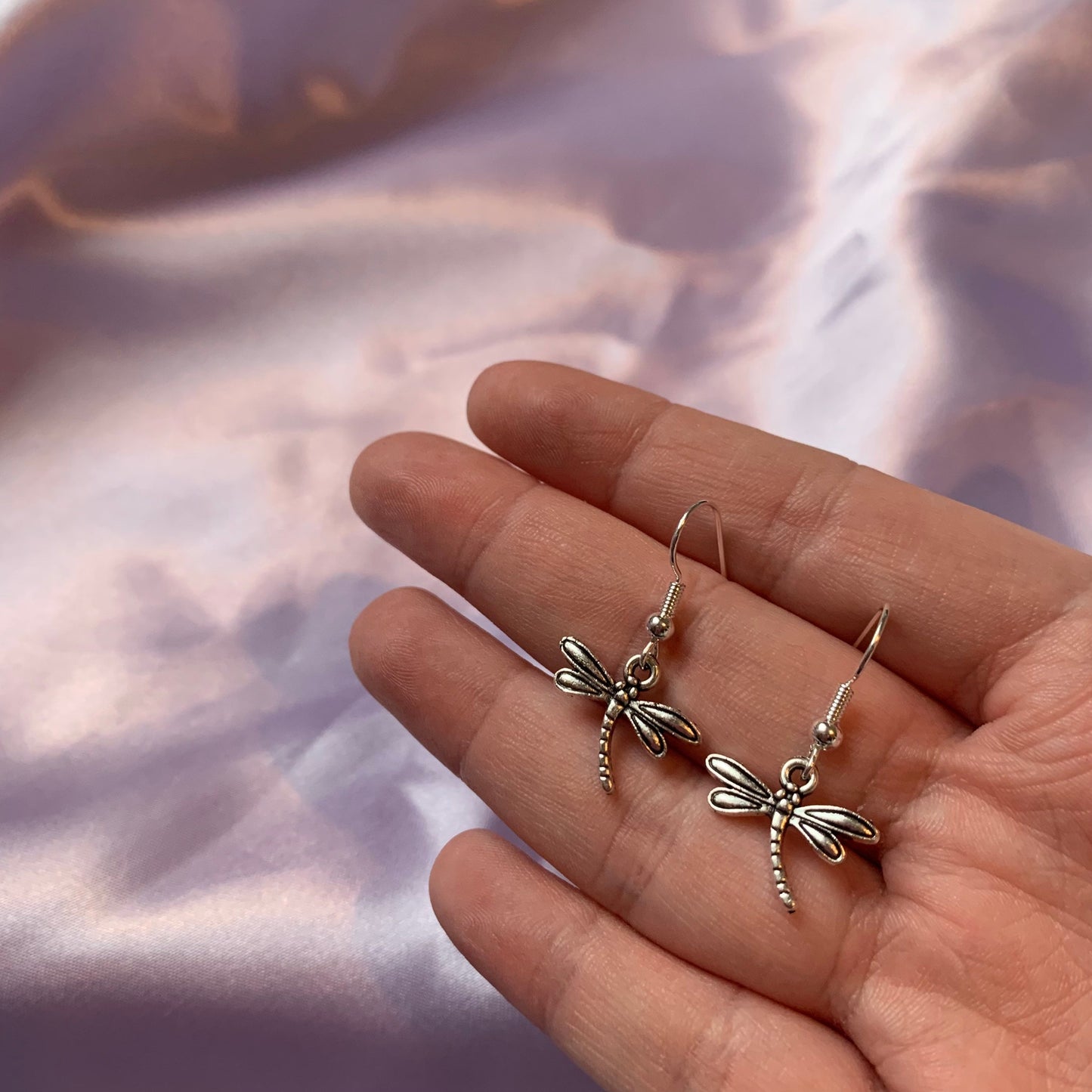 Silver dragonfly insect dangle earrings