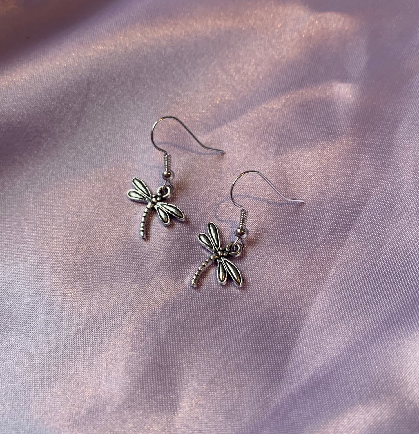 Silver dragonfly insect dangle earrings