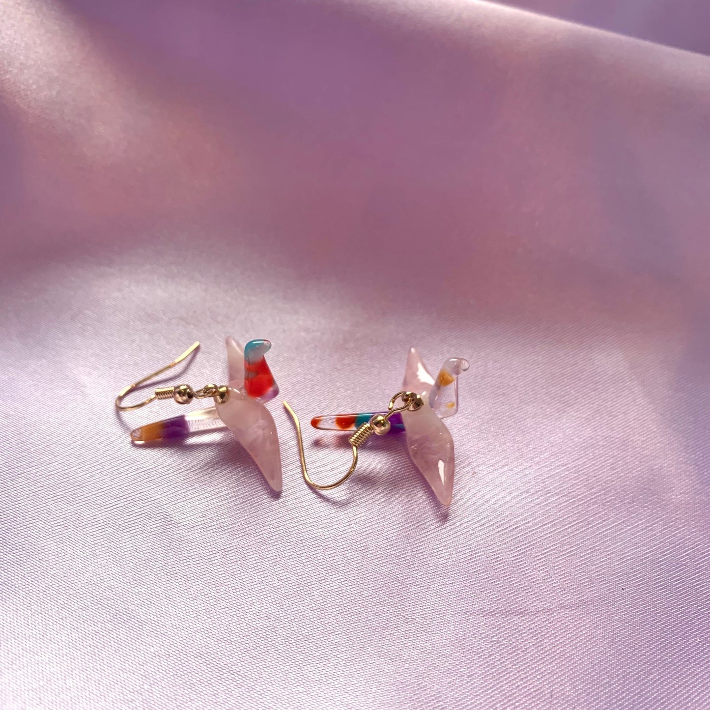 Multicolored pink origami crane bird dangle gold earrings