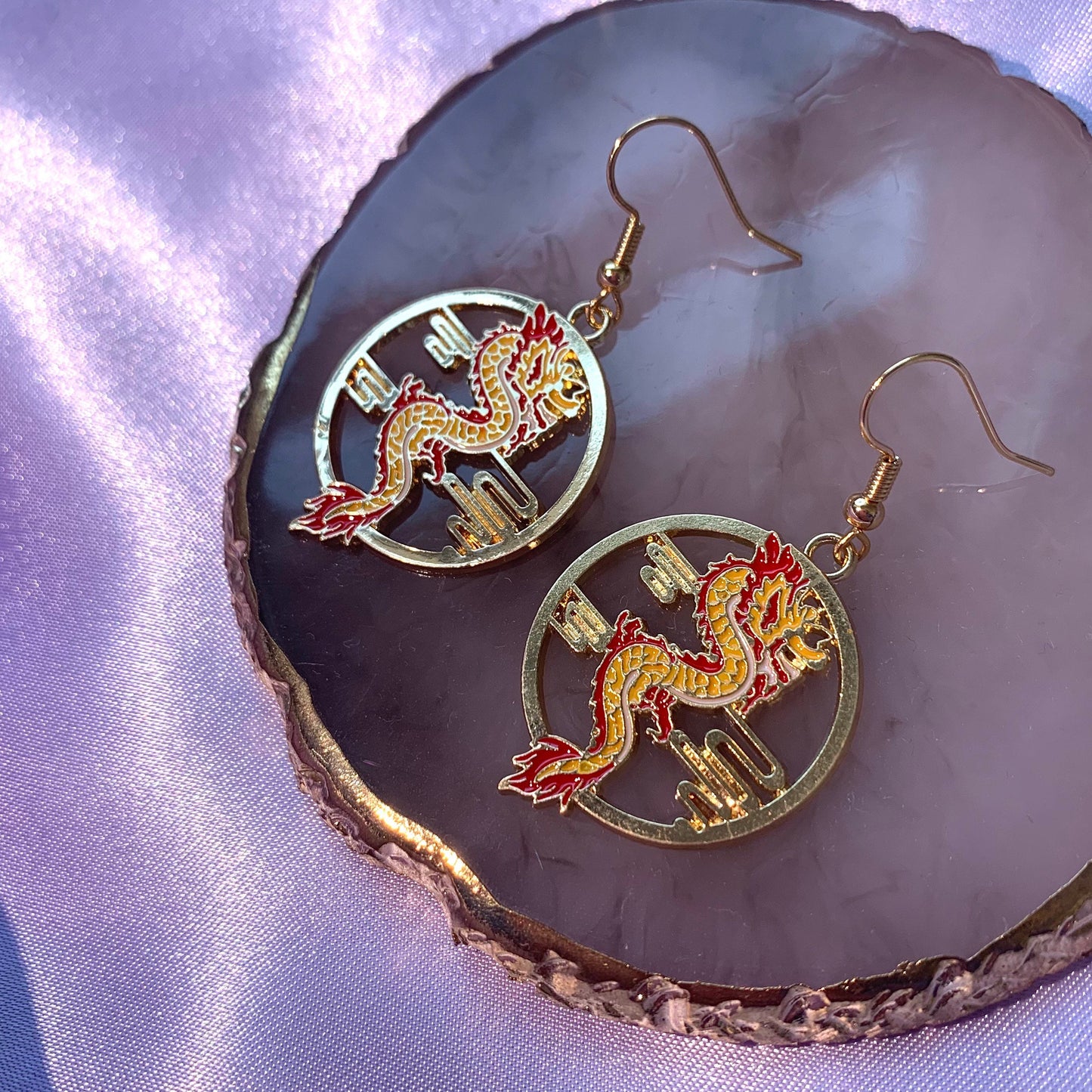 Red and yellow gold dragon dangle earrings