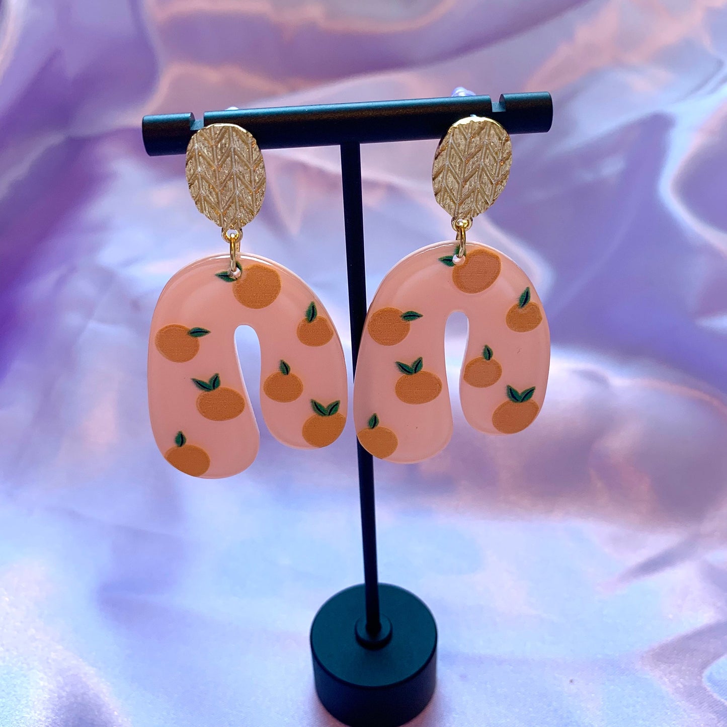 Large peach orange arch gold stud earrings