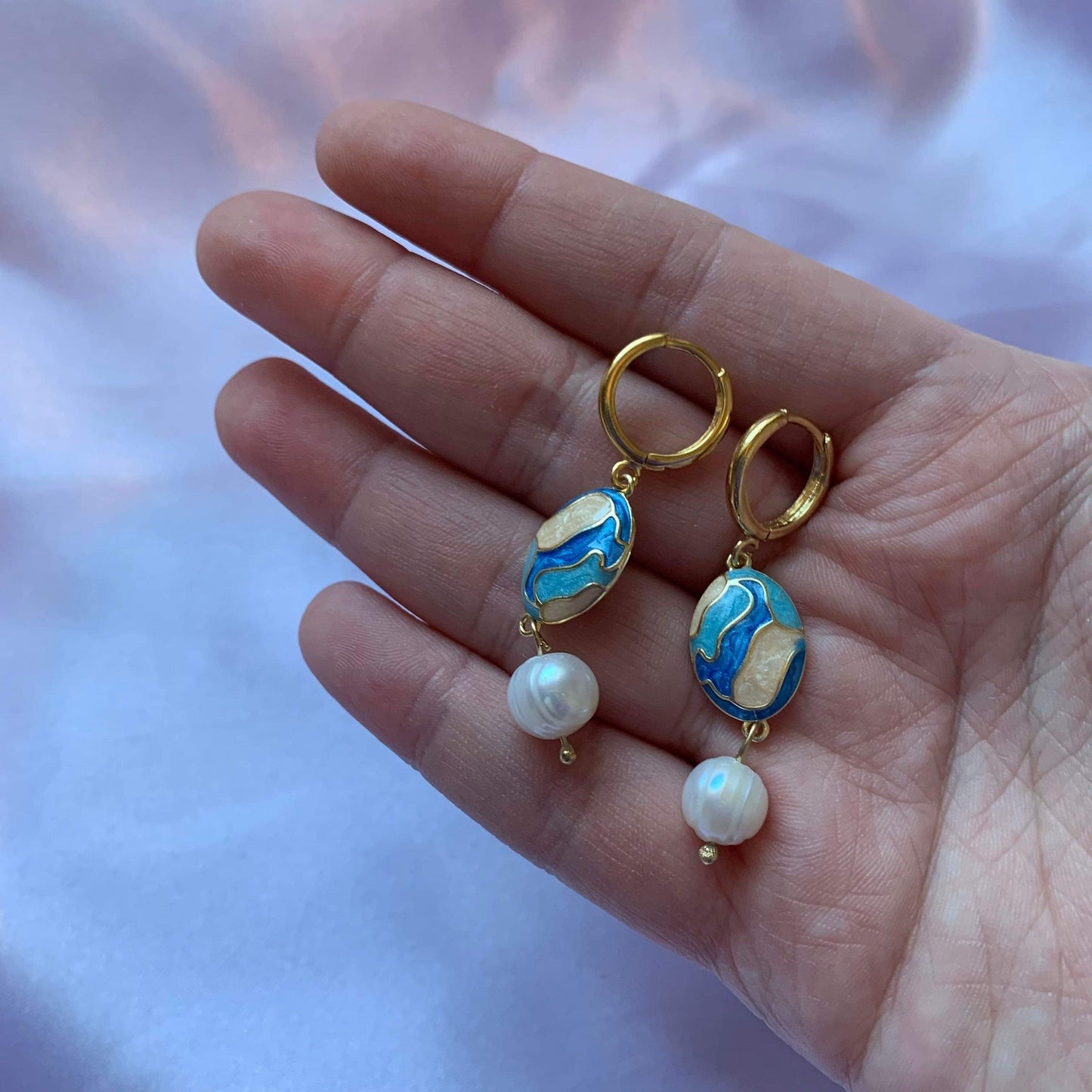 Gorgeous blue and cream enamel oval and freshwater pearl drop dangle earrings handmade on a 18k gold plated hoop