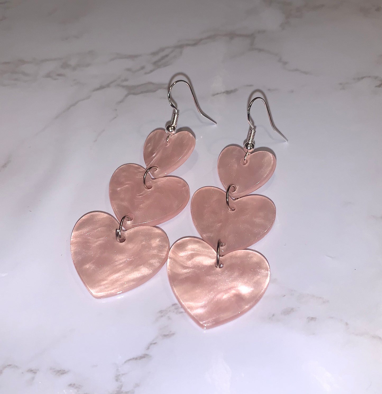 Pastel pink 3 tier heart trio silver statement earrings