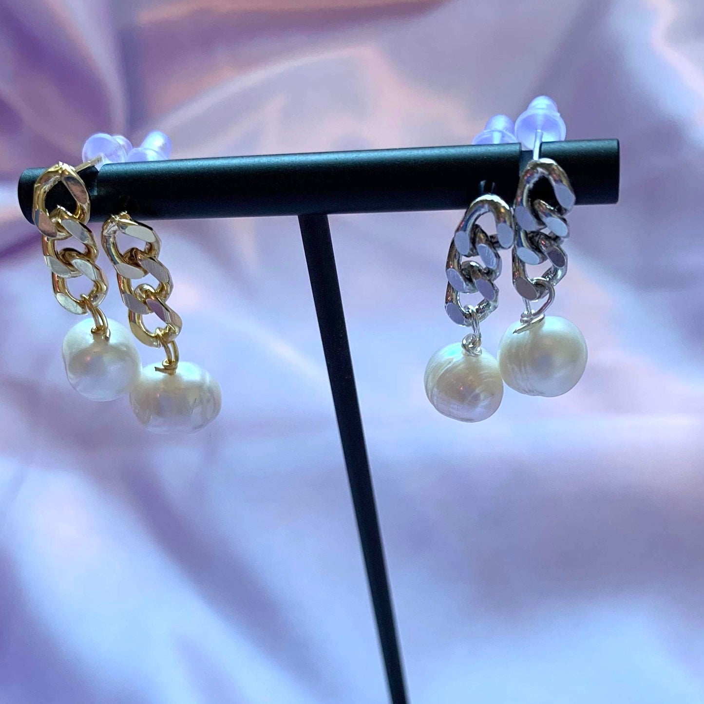 Gold plated freshwater pearl chain drop earrings