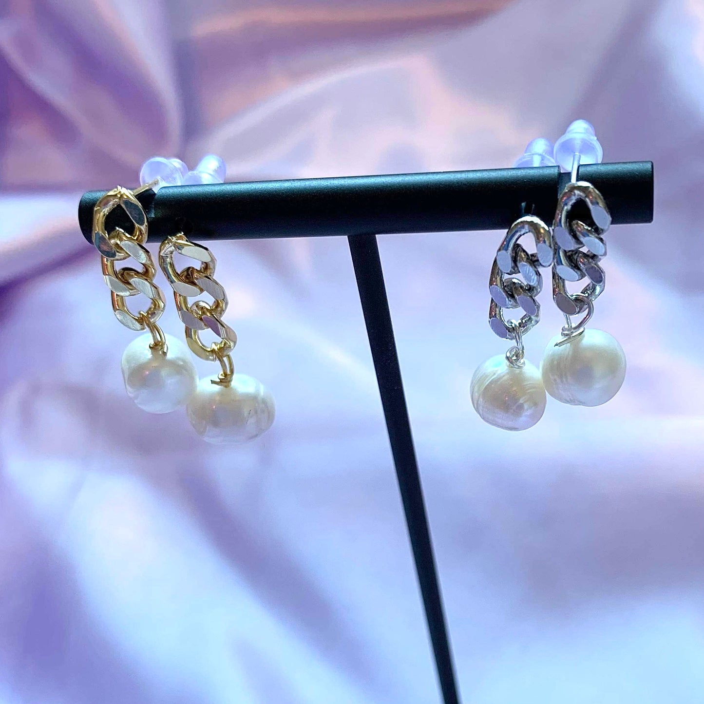 Gold plated freshwater pearl chain drop earrings