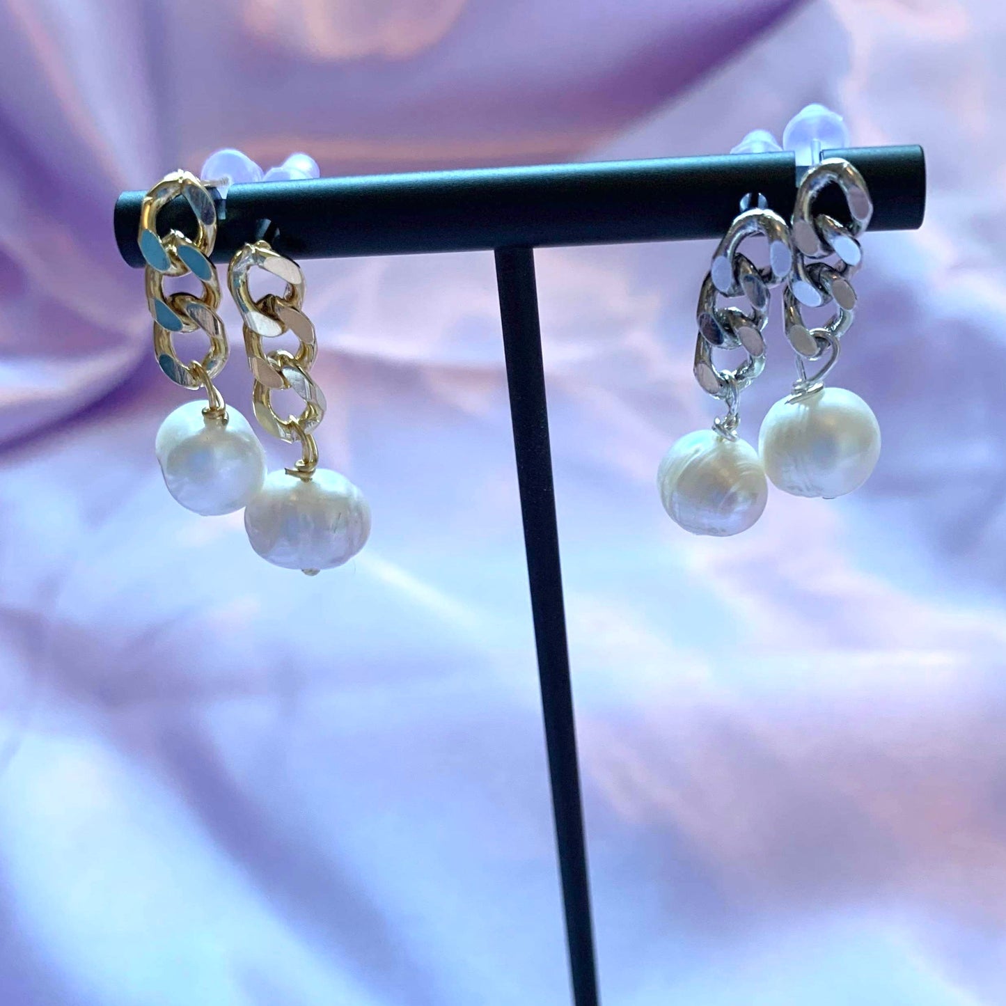 Gold plated freshwater pearl chain drop earrings