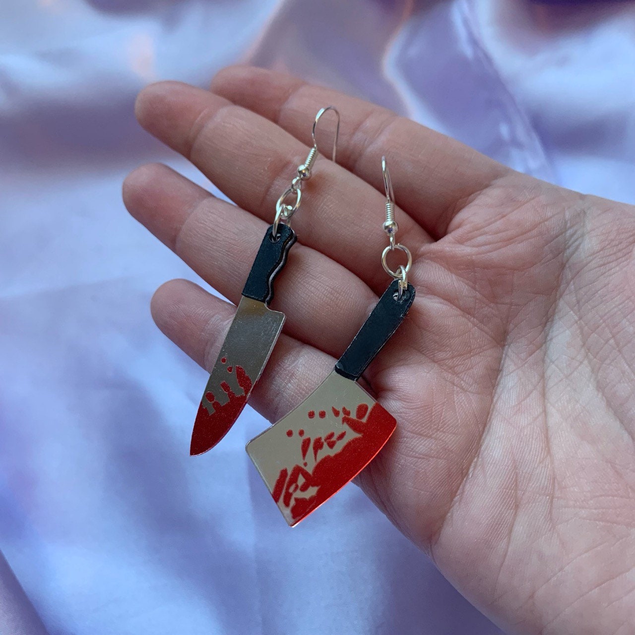 Acrylic spooky knife silver dangle earrings