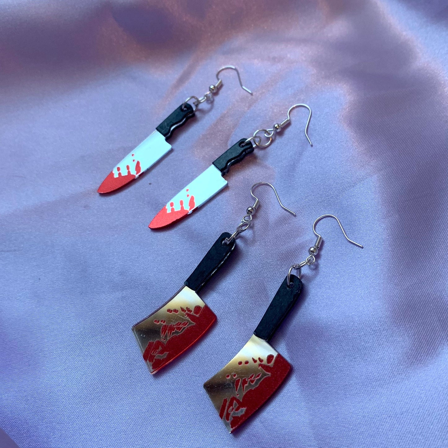 Acrylic spooky knife silver dangle earrings