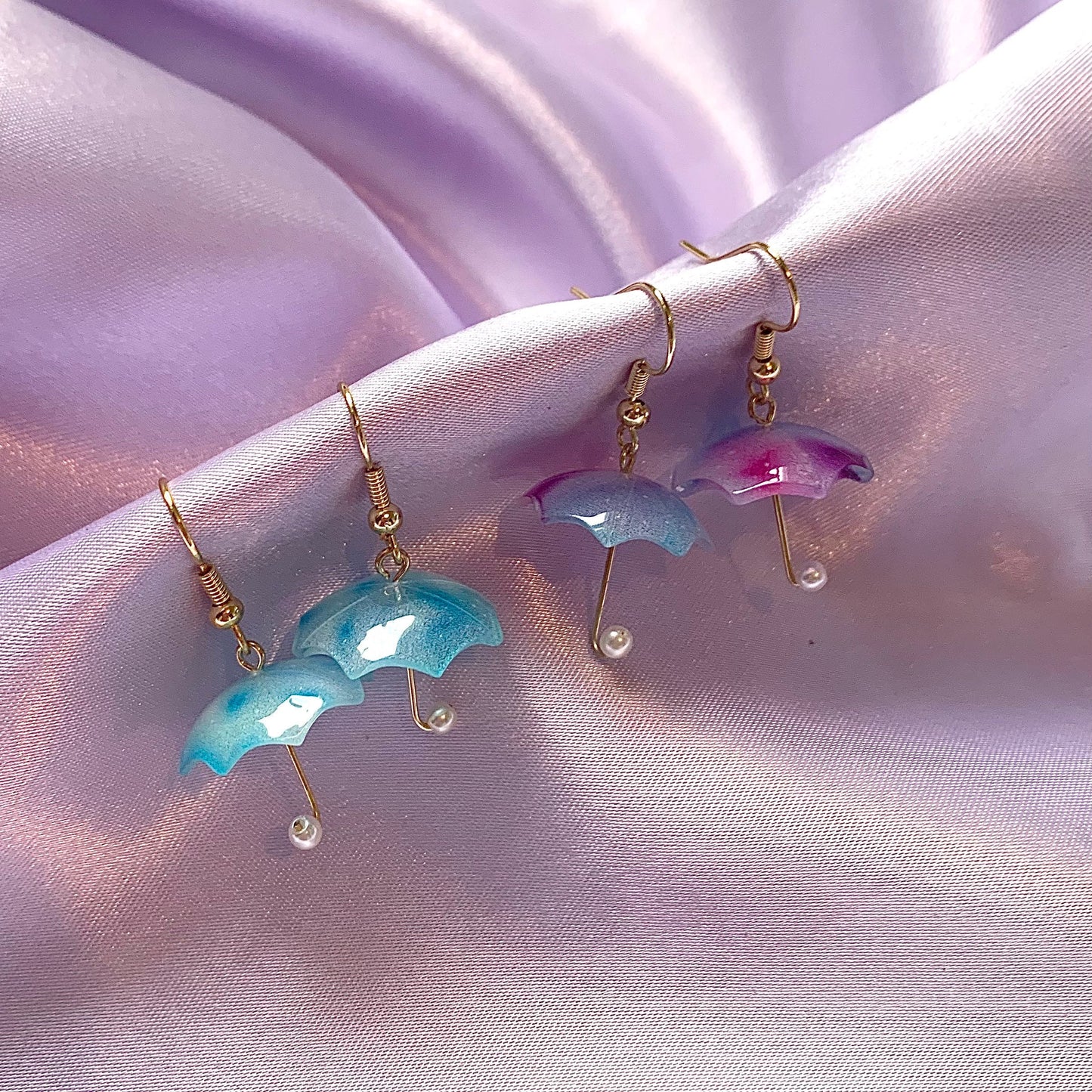 Blue purple umbrella gold dangle earrings