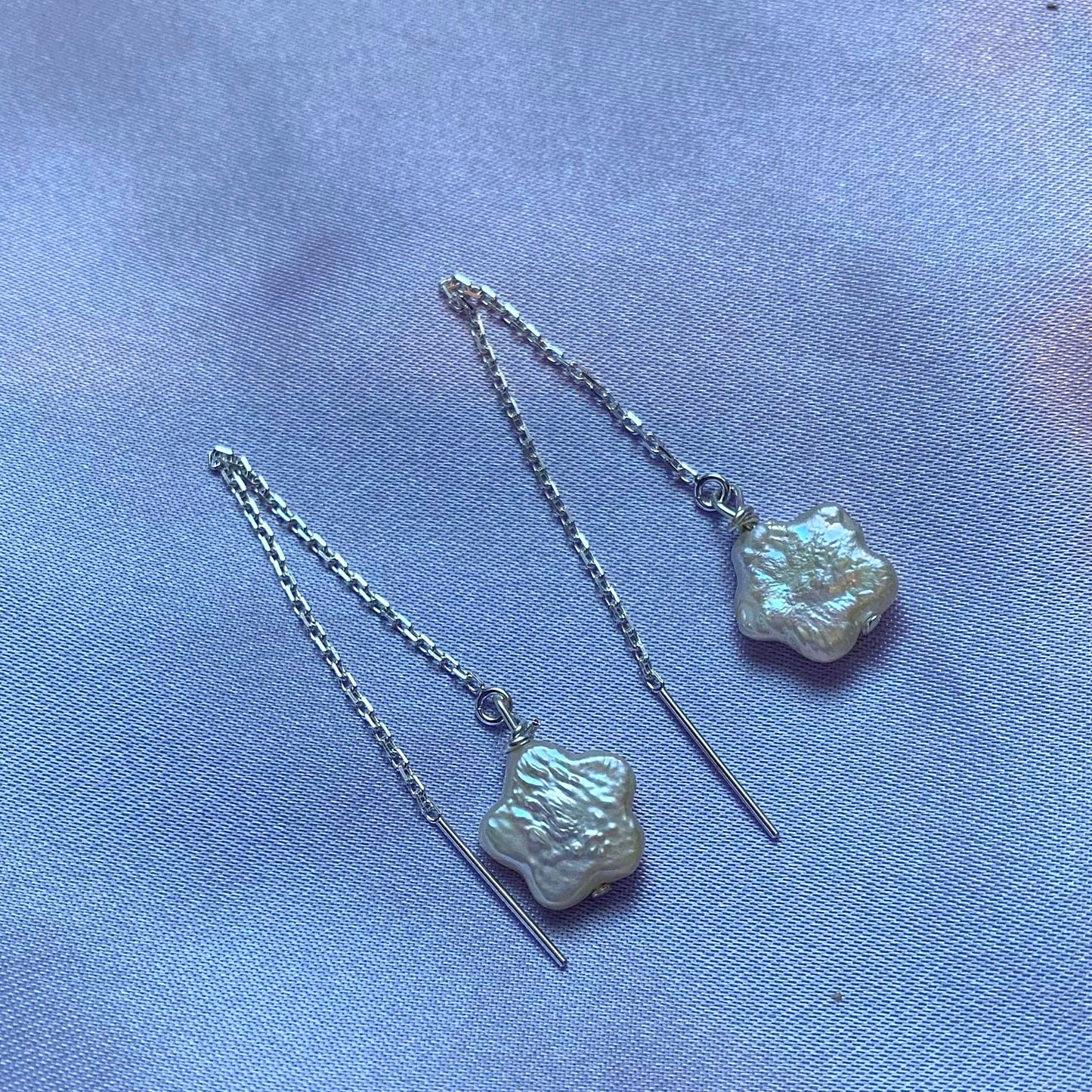 Sterling silver or 14k gold filled fresh water flower pearl threader dangle earrings