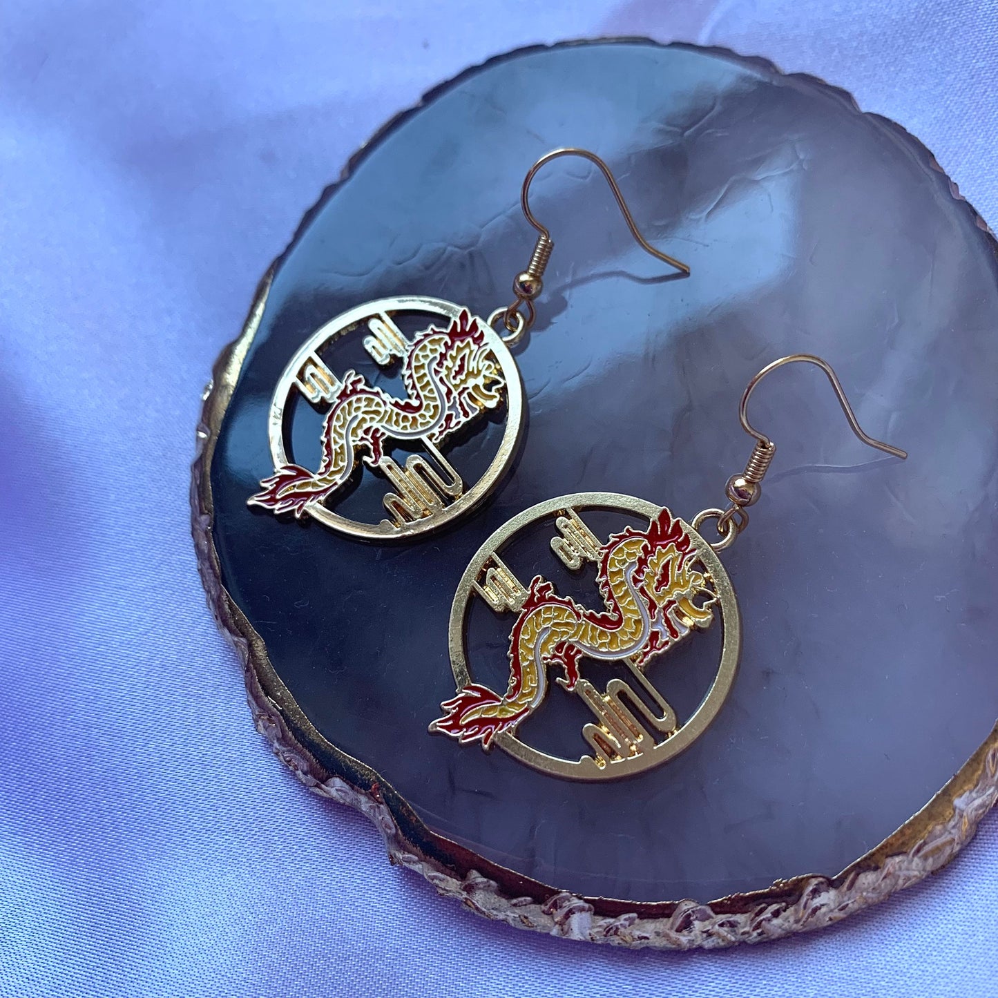 Red and yellow gold dragon dangle earrings