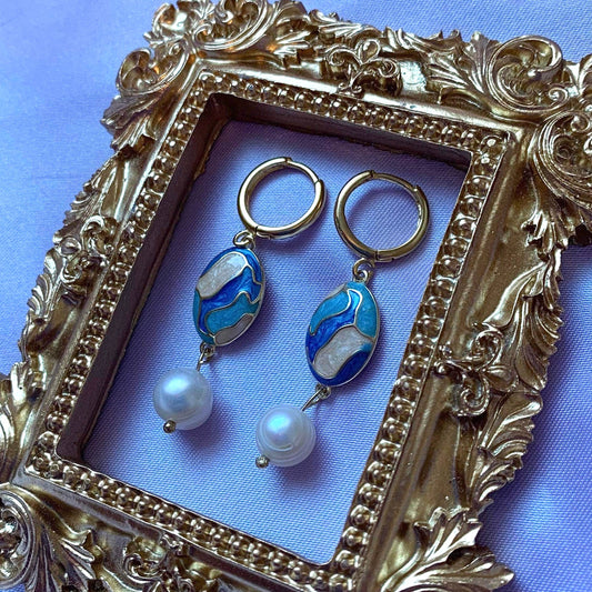Gorgeous blue and cream enamel oval and freshwater pearl drop dangle earrings handmade on a 18k gold plated hoop