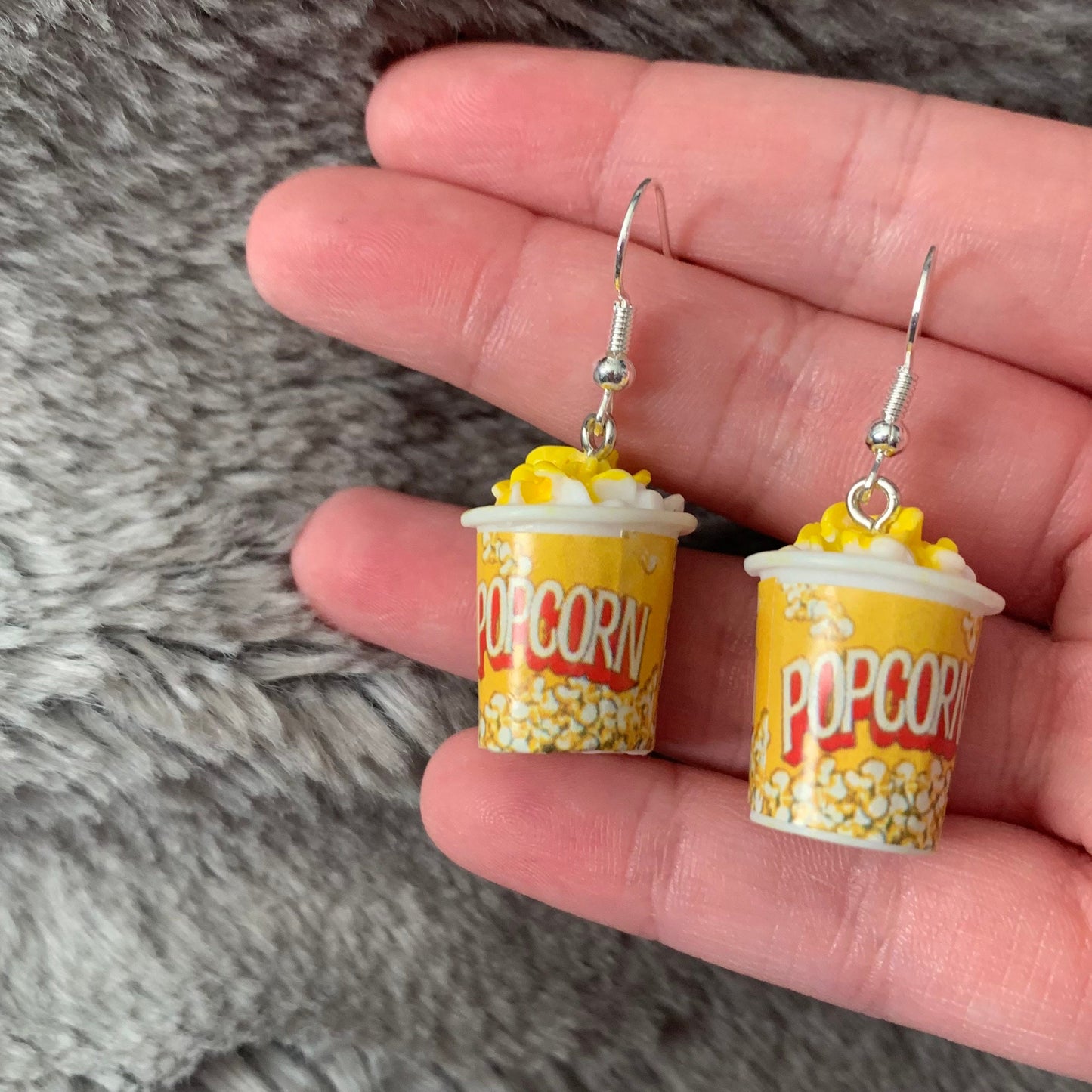 Cool quirky 3D yellow cinema popcorn bucket film handmade drop dangle earrings on silver plated hooks