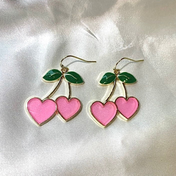 Pink heart cherry gold dangle earrings