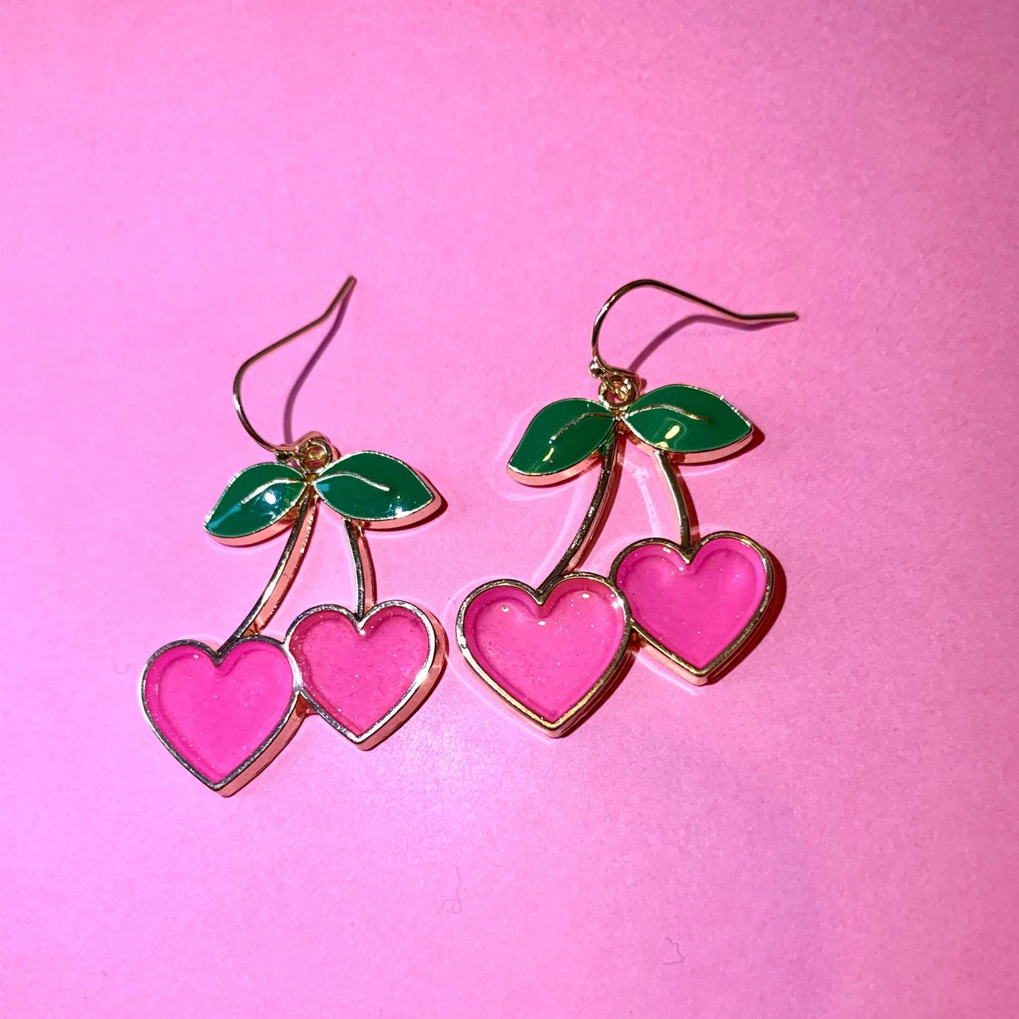 Pink heart cherry gold dangle earrings