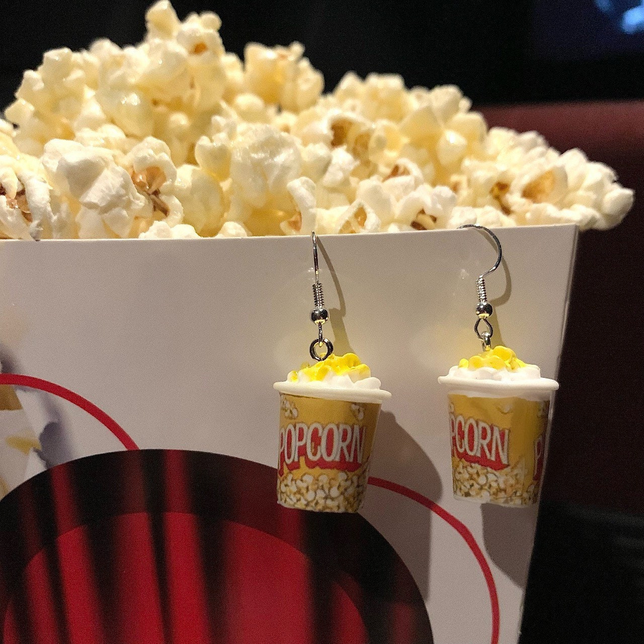 Cool quirky 3D yellow cinema popcorn bucket film handmade drop dangle earrings on silver plated hooks