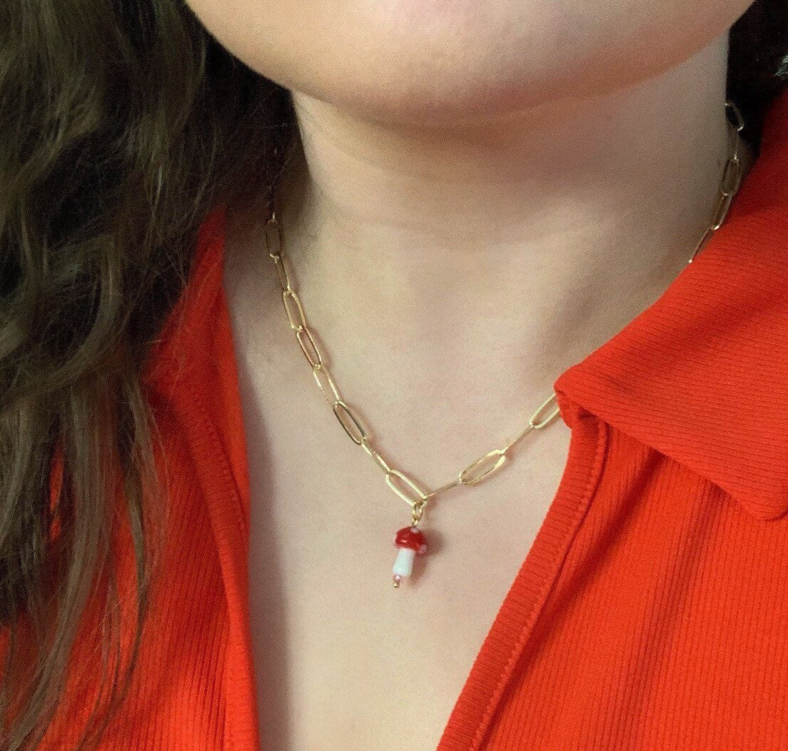 Gold plated red and white mushroom paperclip chain necklace