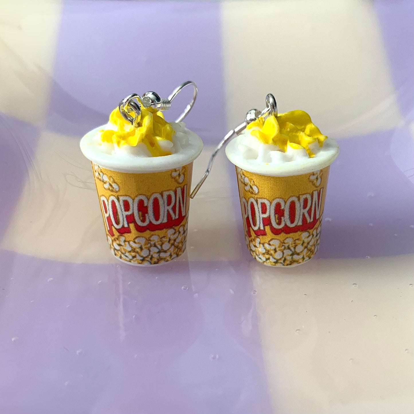 Cool quirky 3D yellow cinema popcorn bucket film handmade drop dangle earrings on silver plated hooks