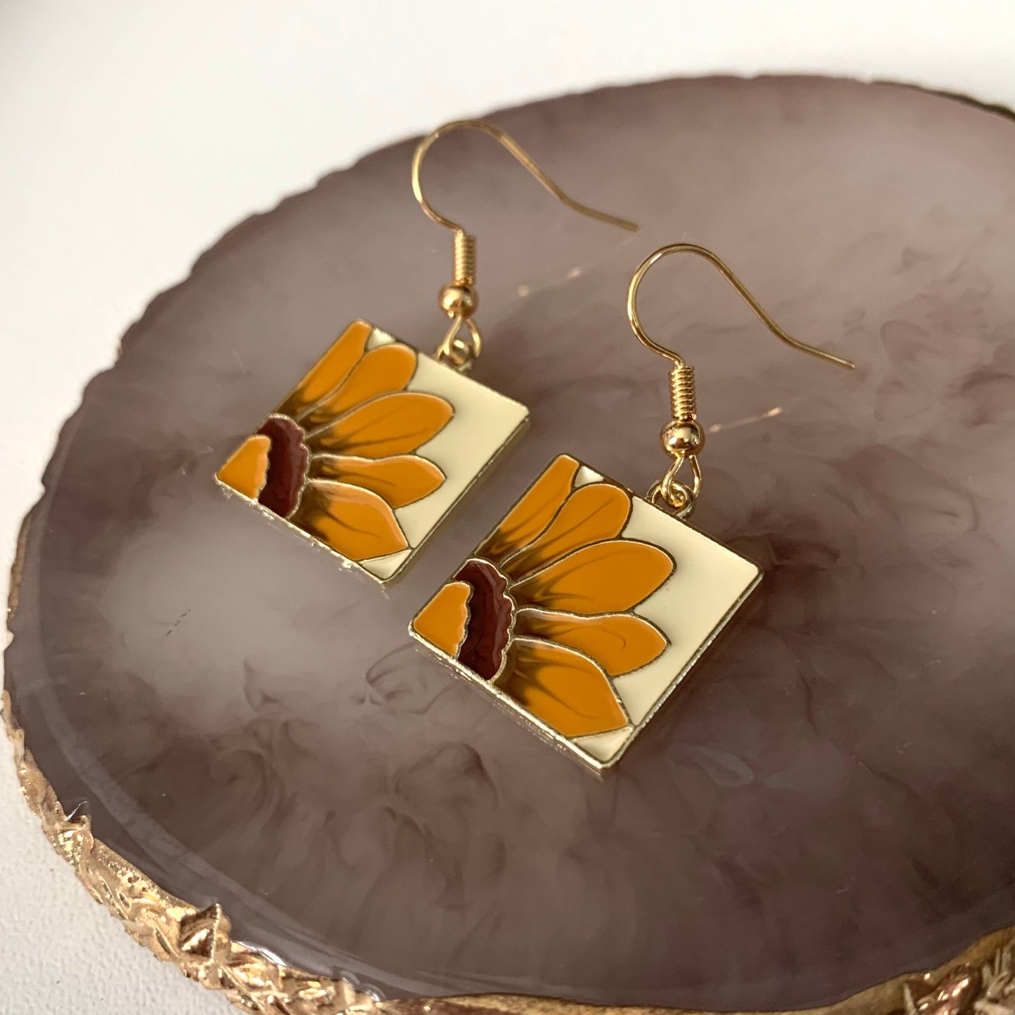 Yellow sun flower gold earrings in square frame