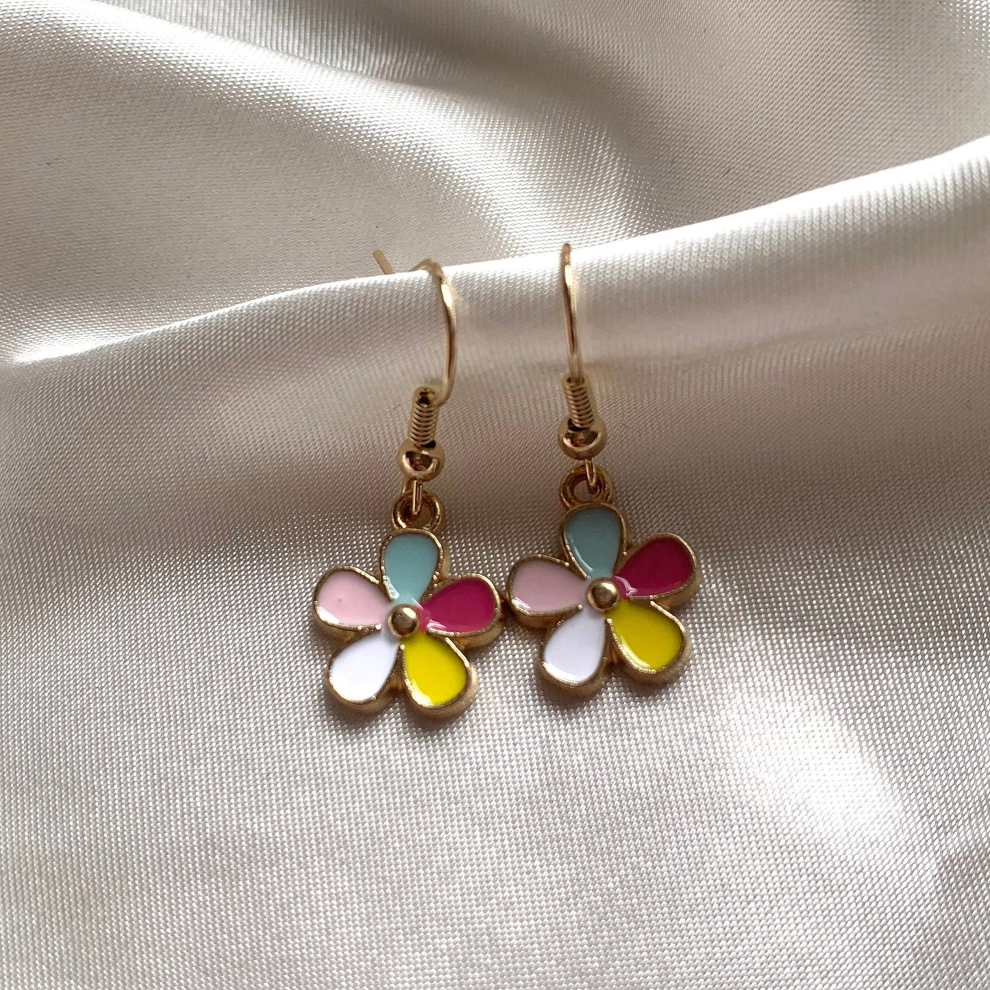 Rainbow flower dangle gold earrings