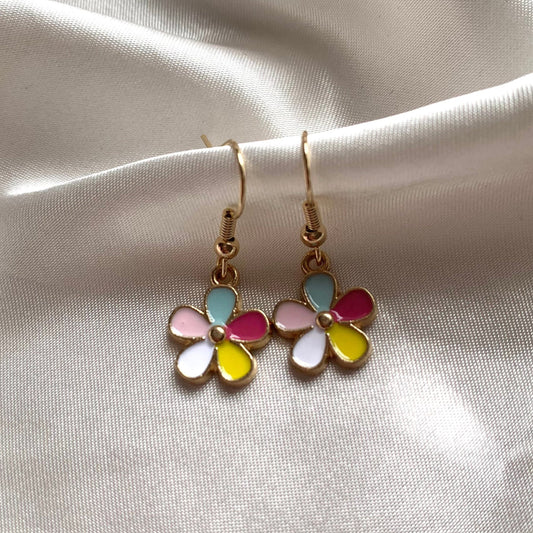 Rainbow flower dangle gold earrings