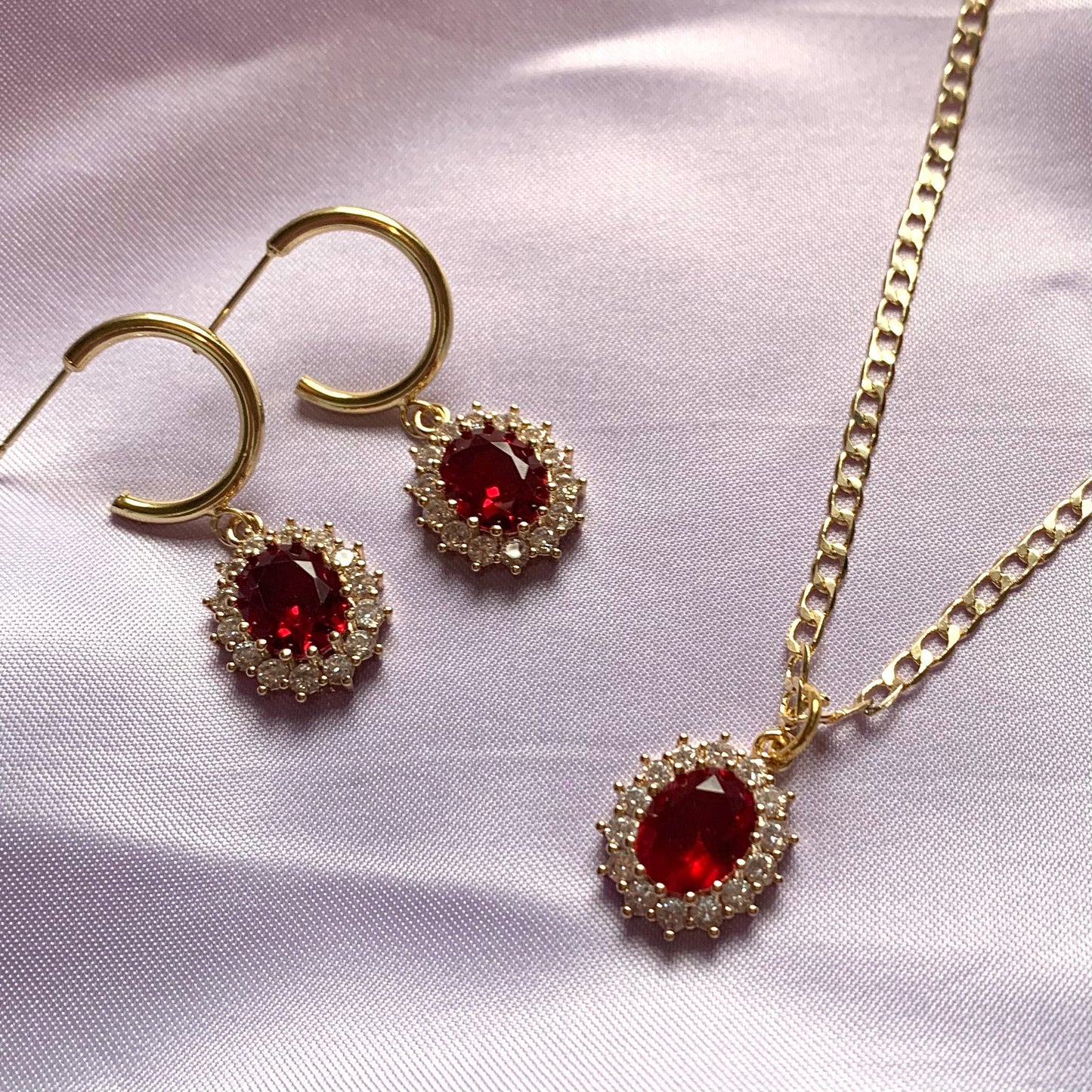 Gold plated red oval crystal with diamanté necklace, earrings or jewellery set