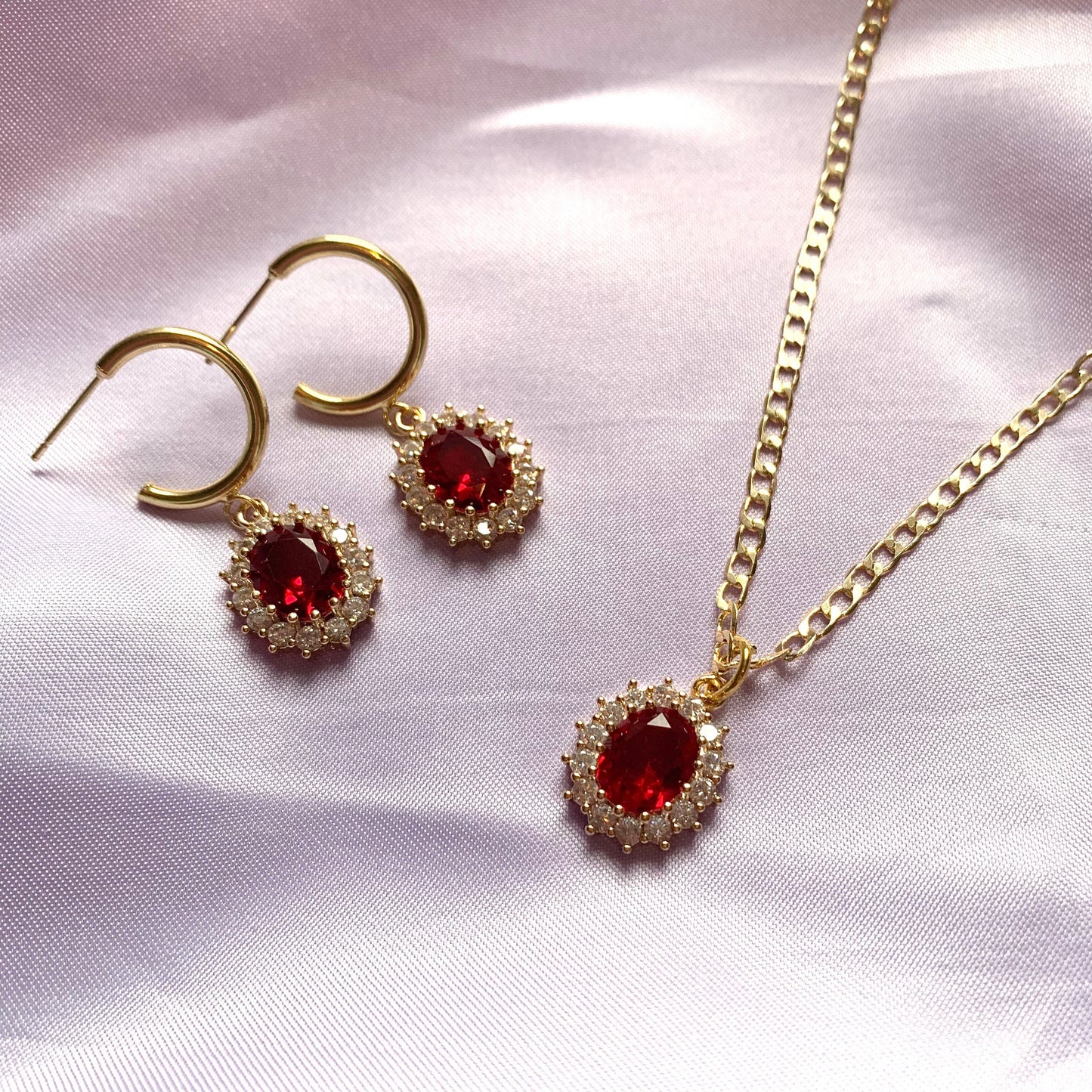 Gold plated red oval crystal with diamanté necklace, earrings or jewellery set