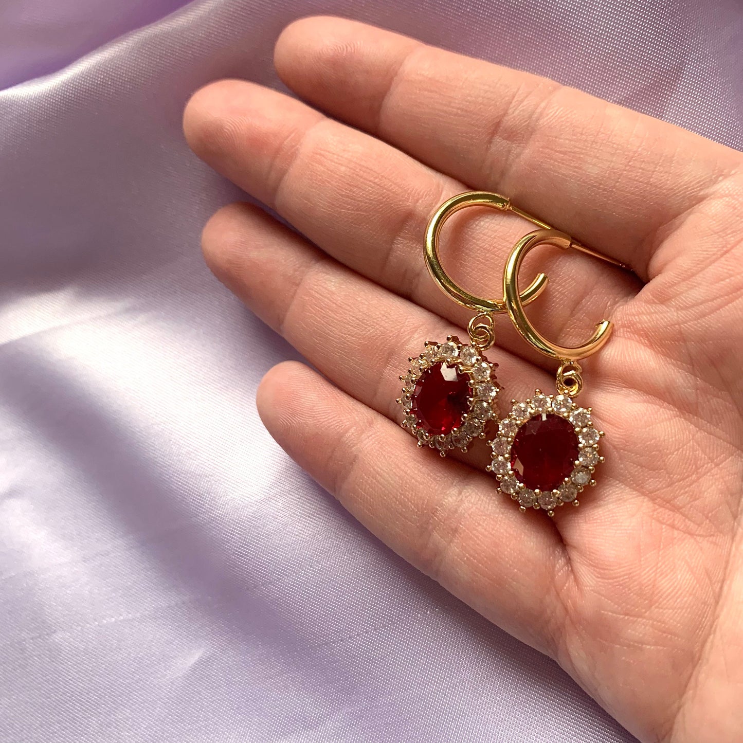 Gold plated red oval crystal with diamanté necklace, earrings or jewellery set