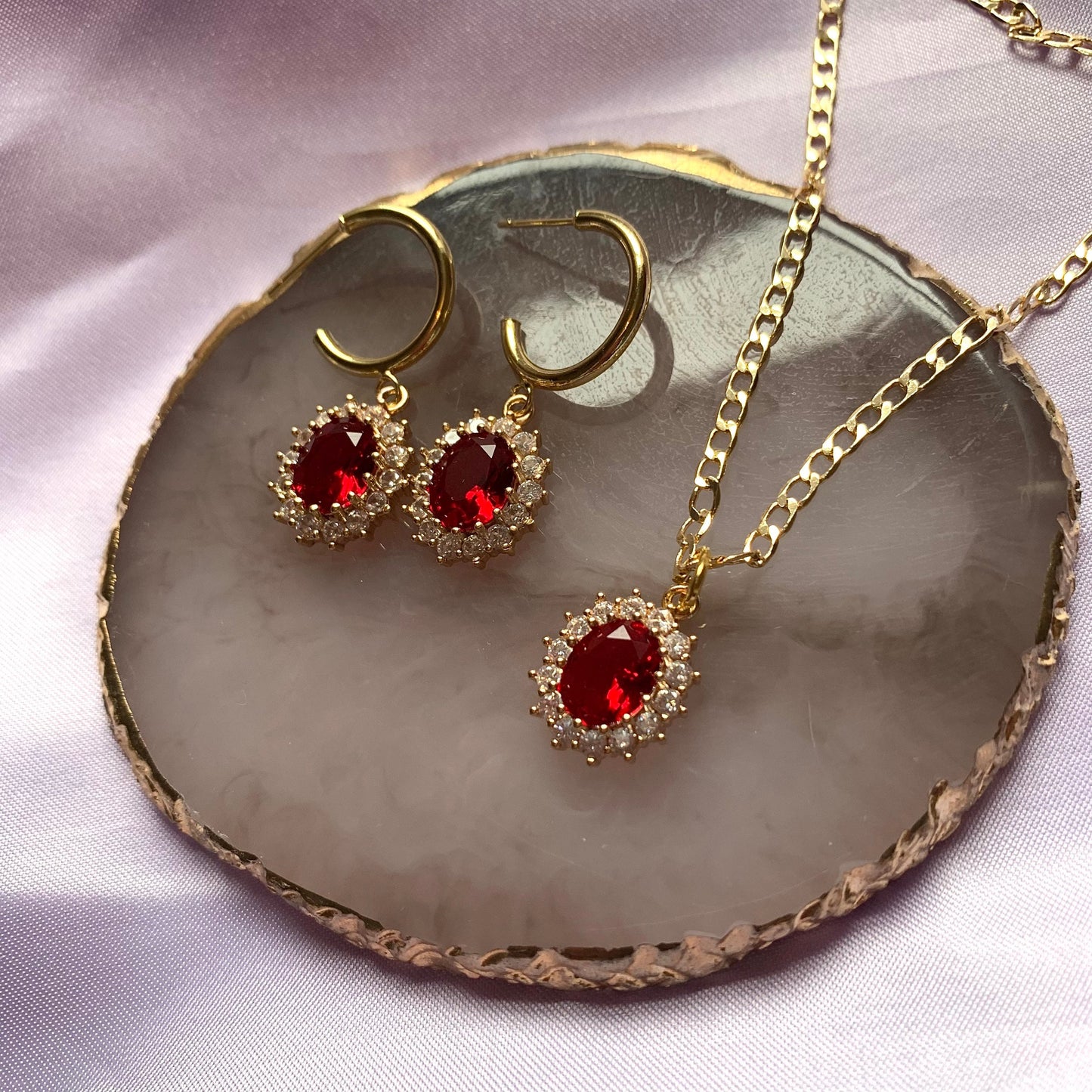 Gold plated red oval crystal with diamanté necklace, earrings or jewellery set