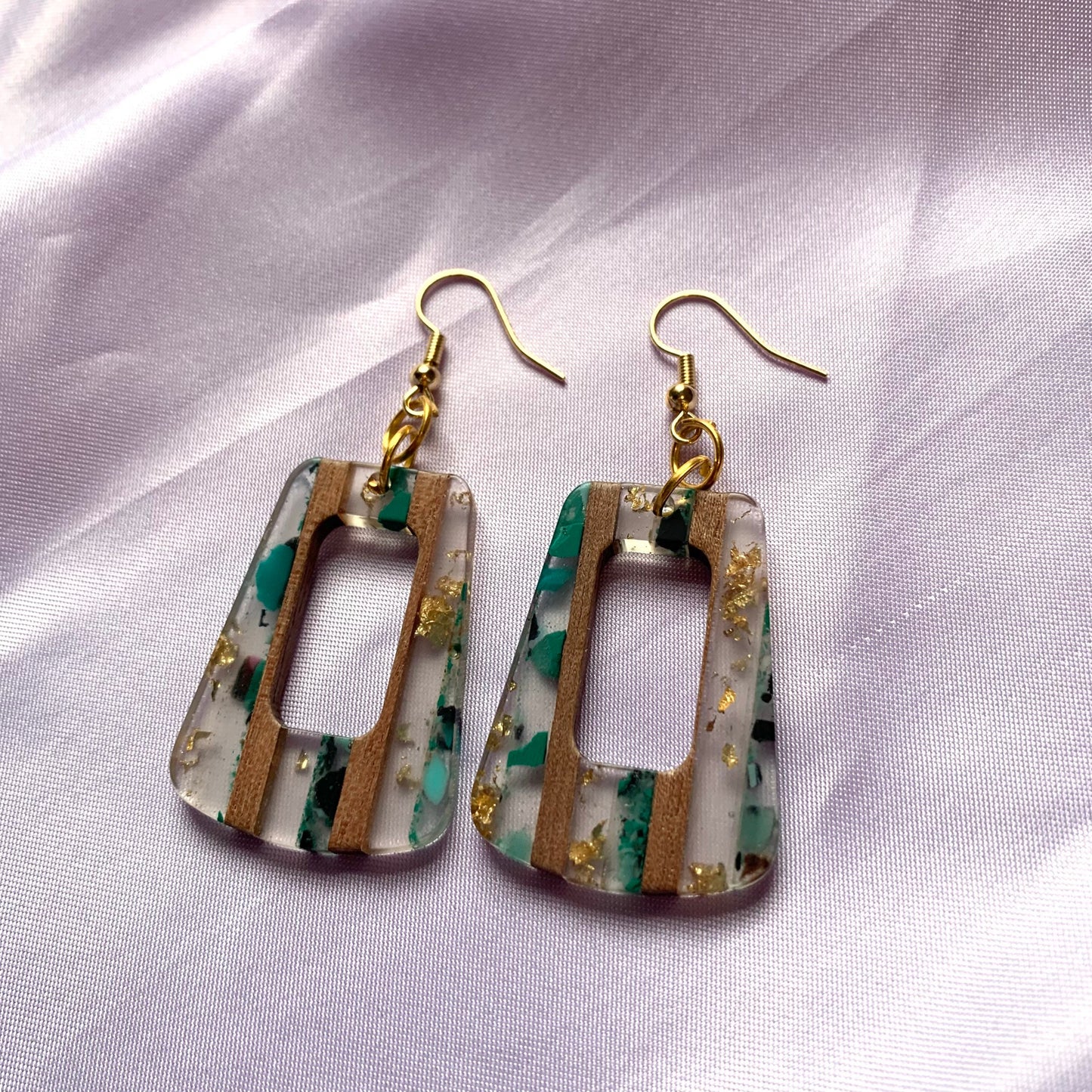 Green resin and wood gold flake dangle earrings