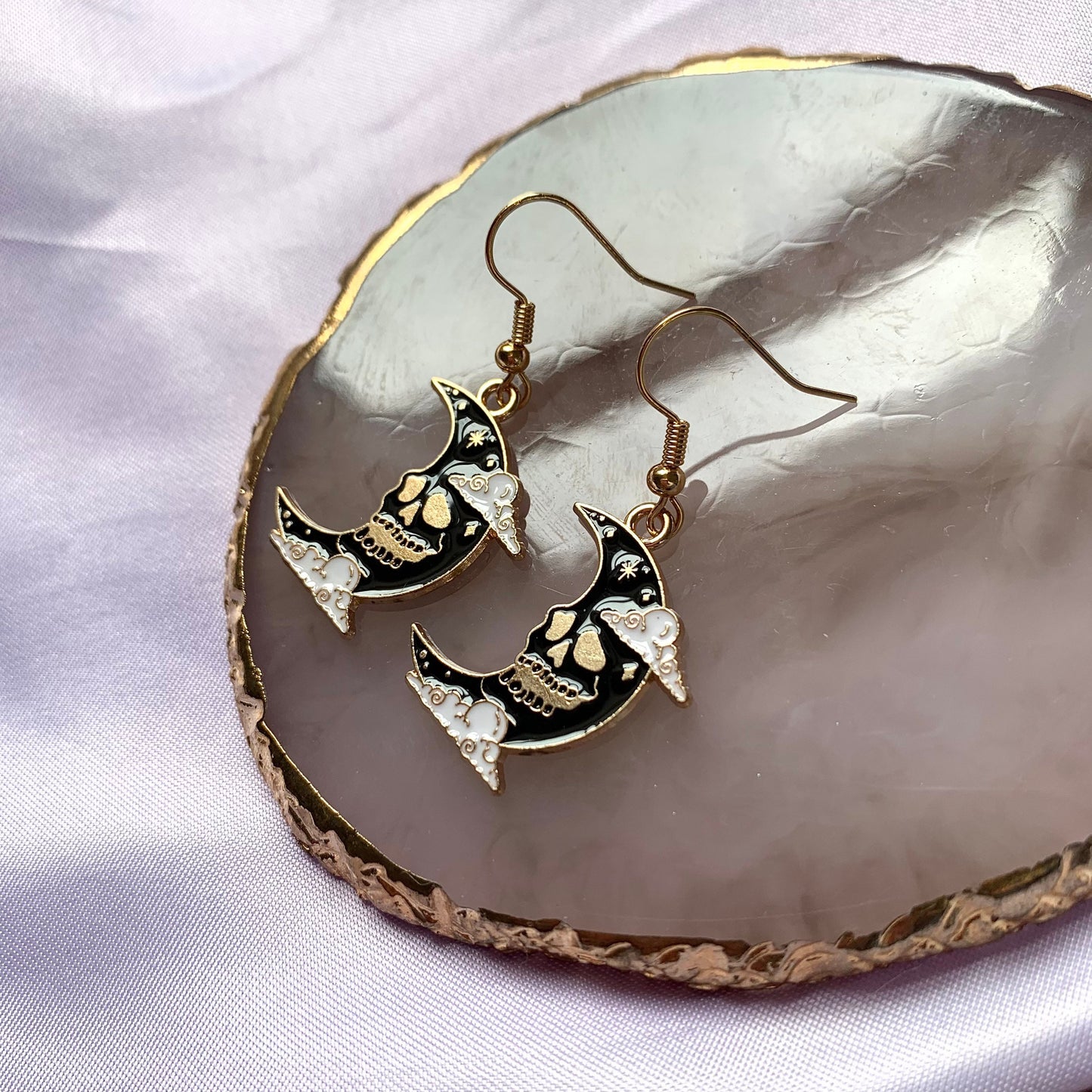 Black moon with skeleton face gold earrings