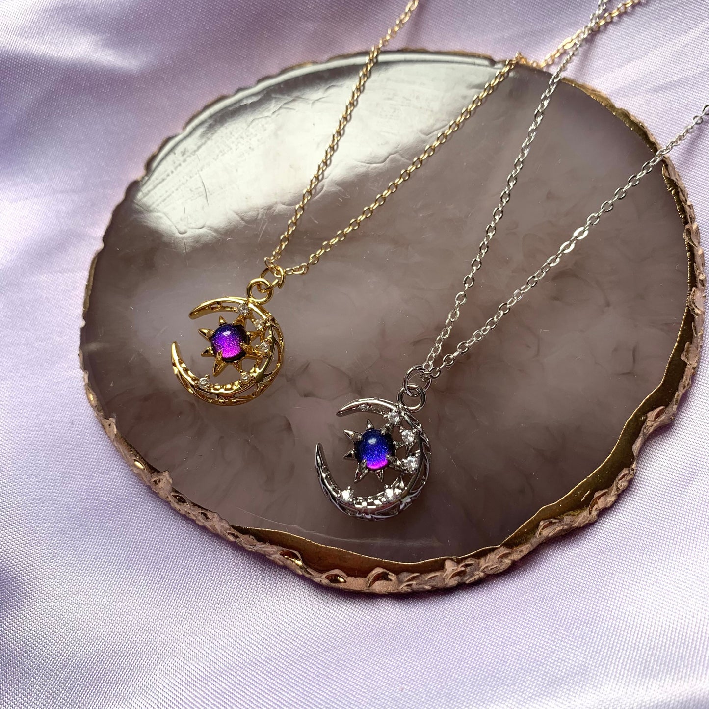 Silver or gold plated celestial moon with gemstone centre 18 inch necklace