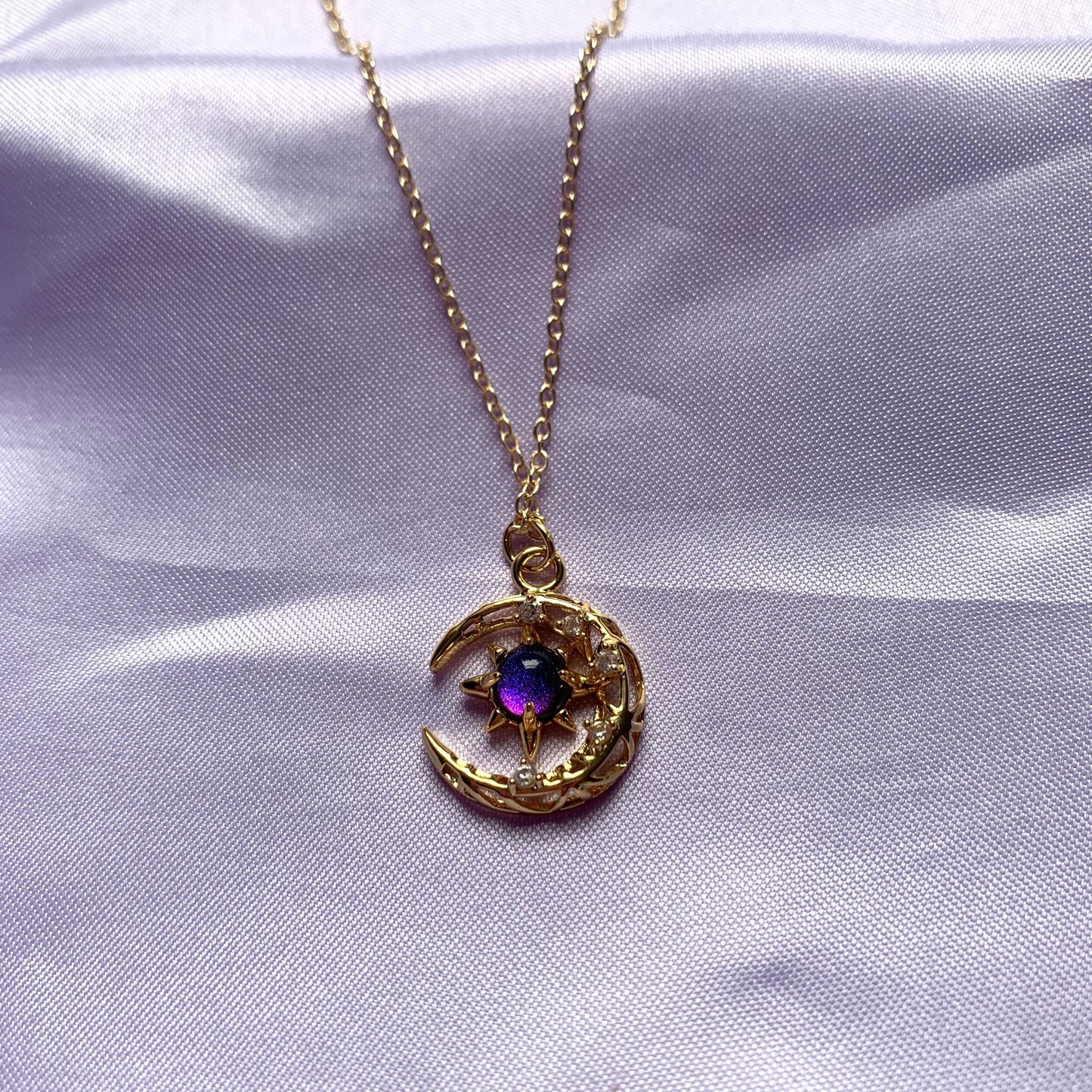 Silver or gold plated celestial moon with gemstone centre 18 inch necklace