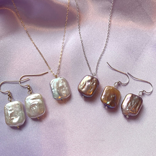 Large nucleated rectangular freshwater pearl sterling silver or 14k gold filled earrings and necklace