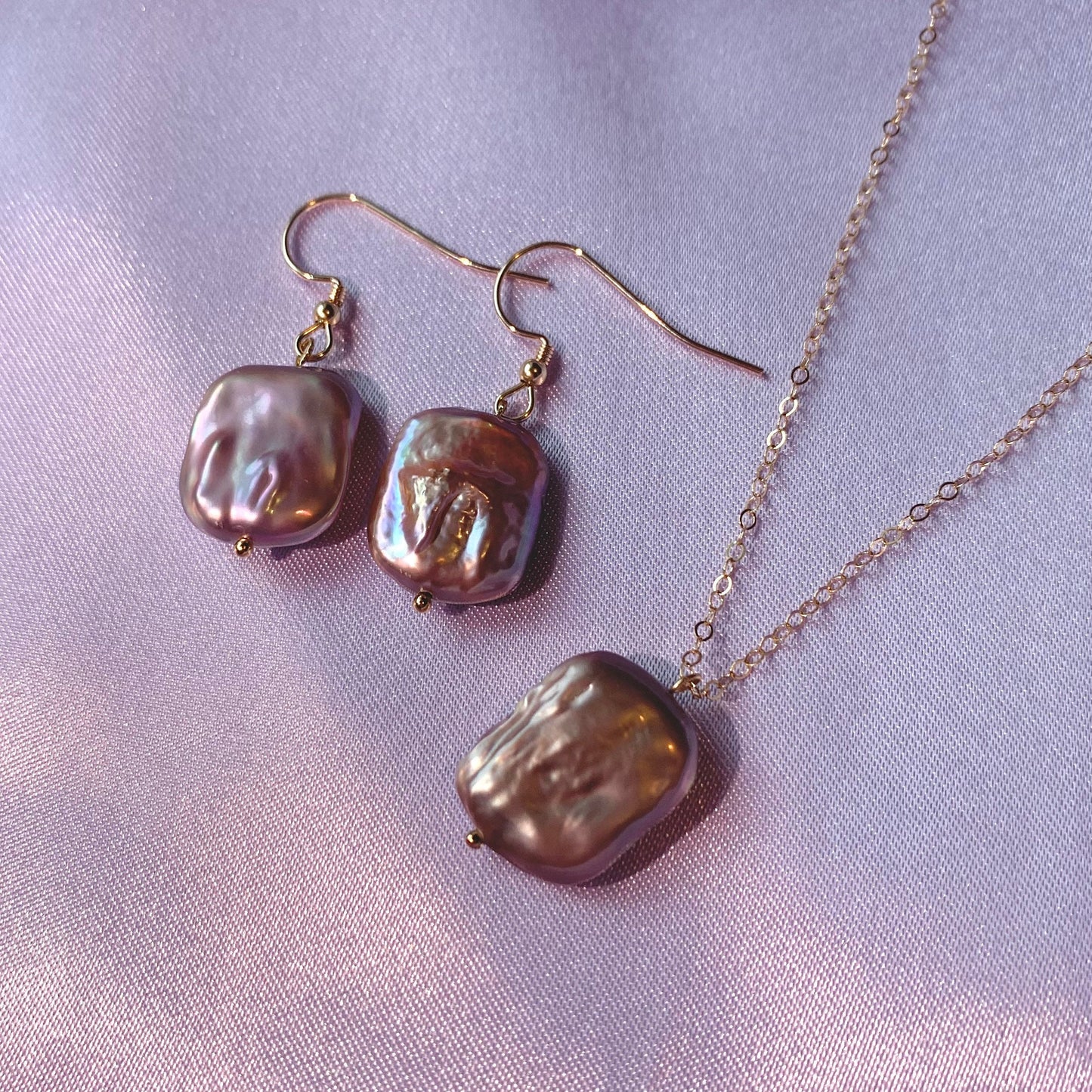 Large nucleated rectangular freshwater pearl sterling silver or 14k gold filled earrings and necklace