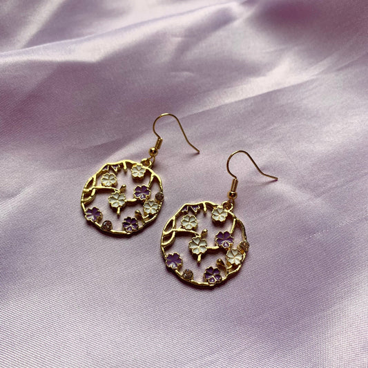 White, purple and gold circle flower earrings