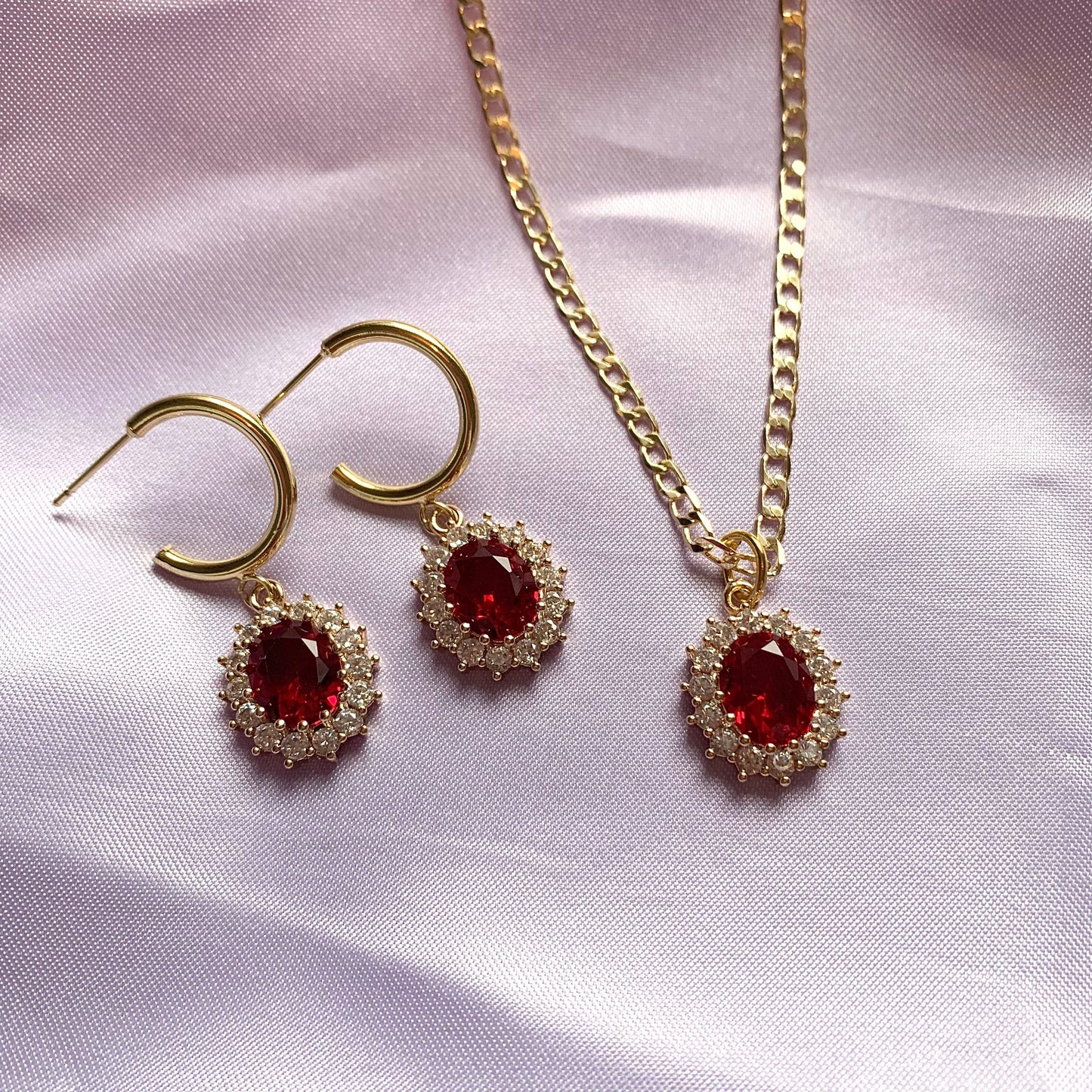 Gold plated red oval crystal with diamanté necklace, earrings or jewellery set