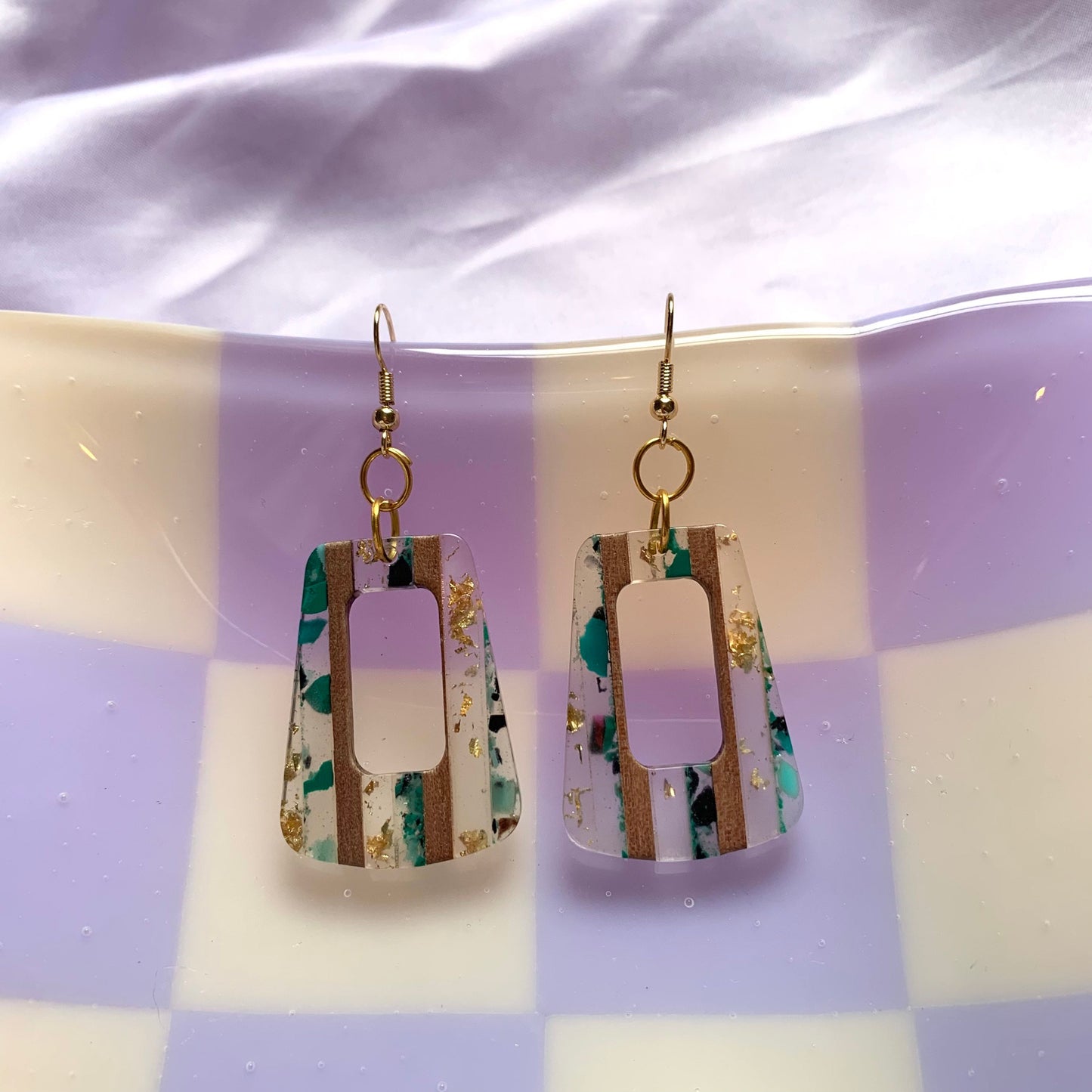 Green resin and wood gold flake dangle earrings