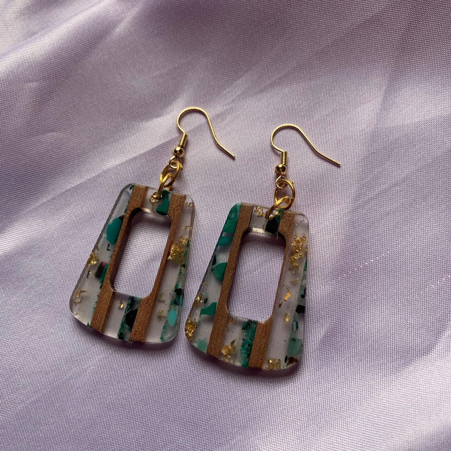 Green resin and wood gold flake dangle earrings