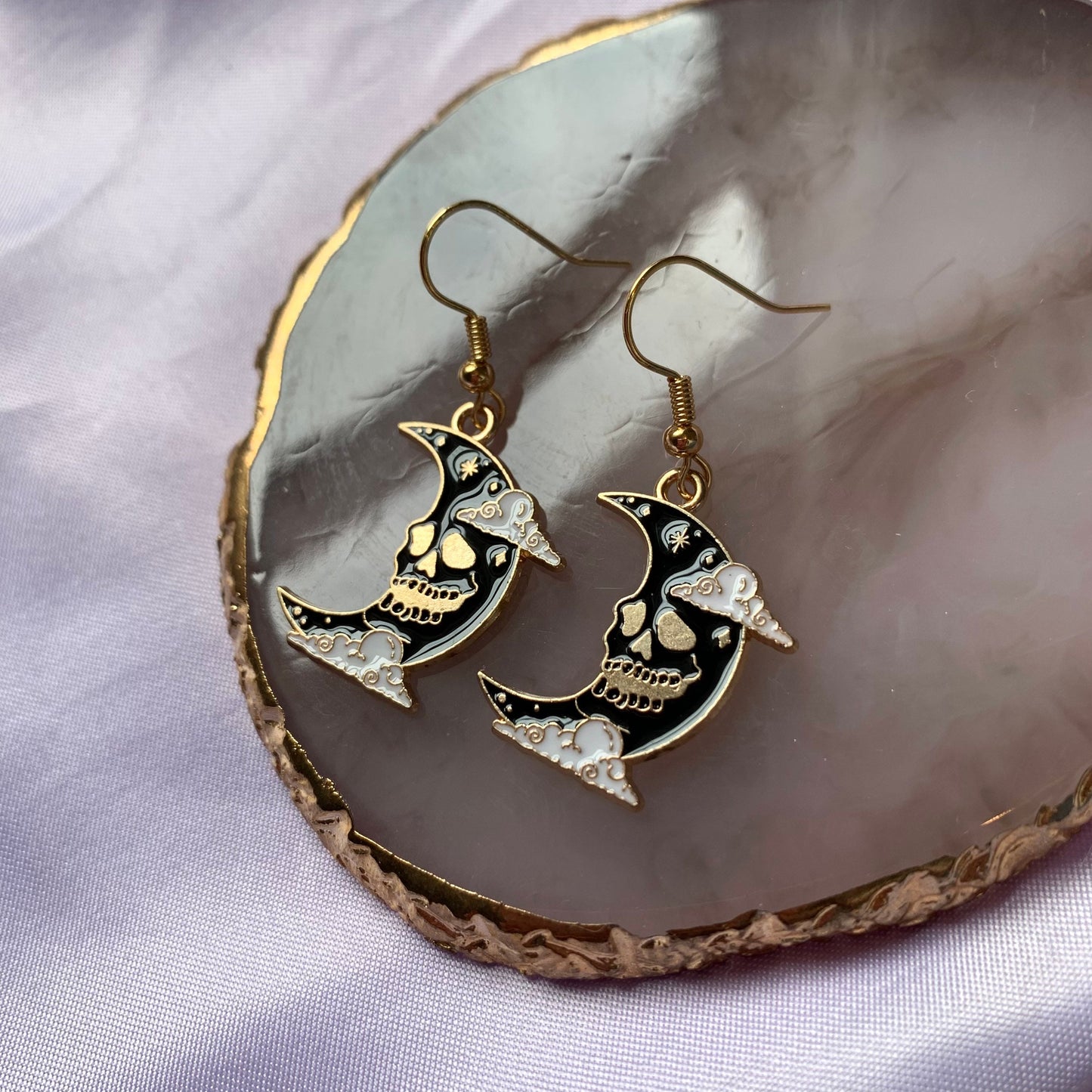 Black moon with skeleton face gold earrings