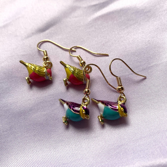 Blue or pink bird budgie gold dangle earrings